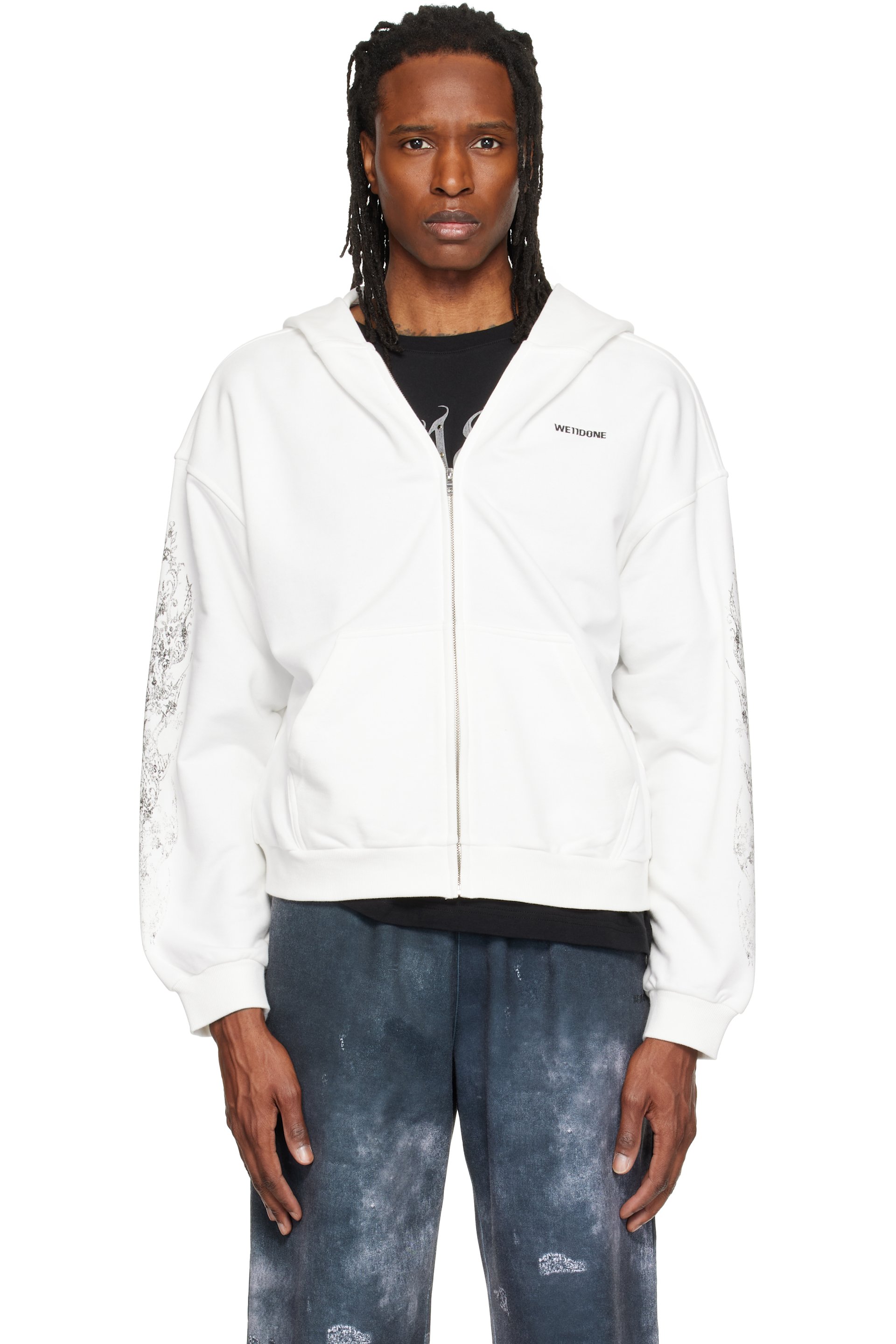 We11done - White Lace 'WE11DONE' Zip-Up Hoodie