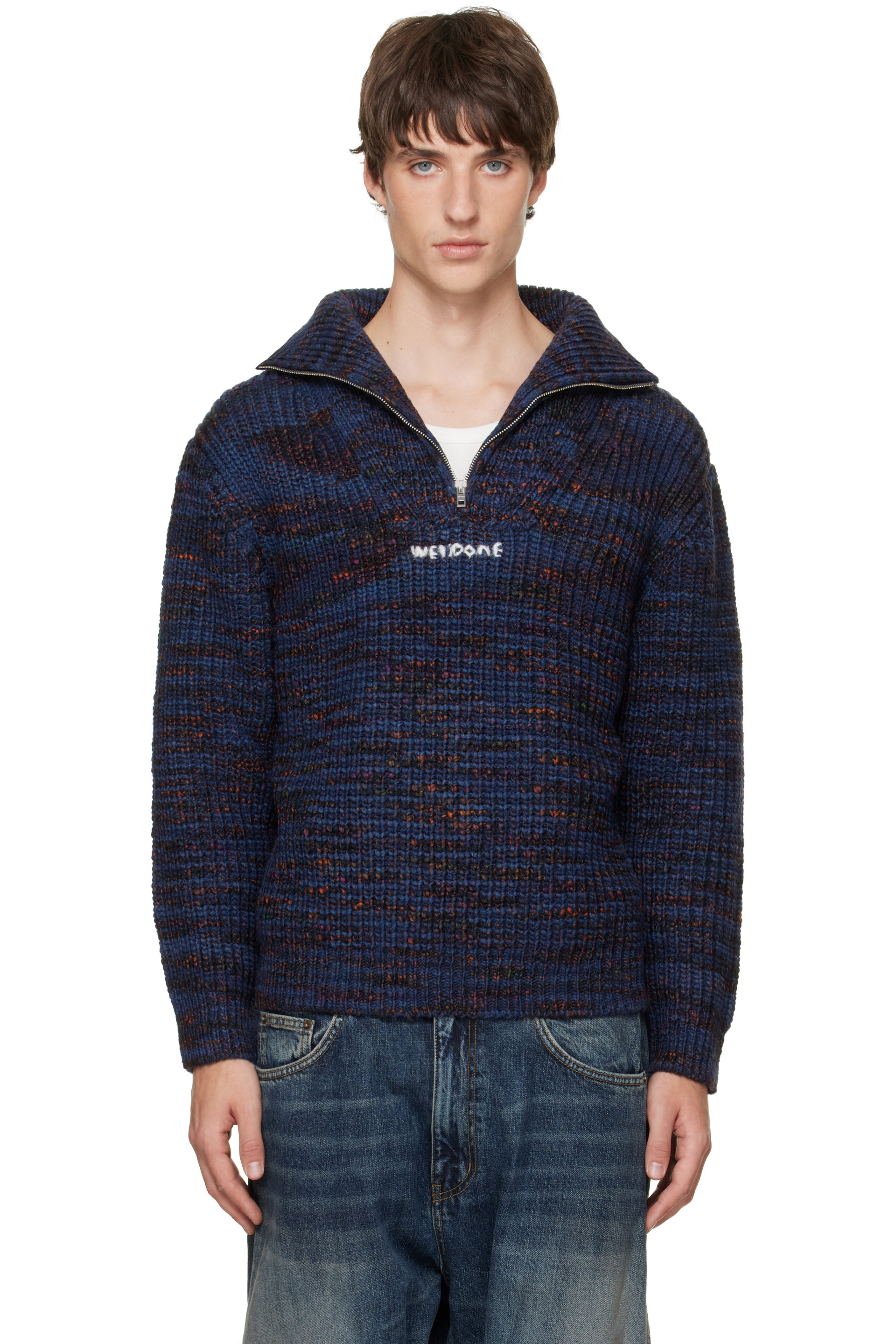 We11done - Navy Chunky Embroidered Quarter-Zip Sweater
