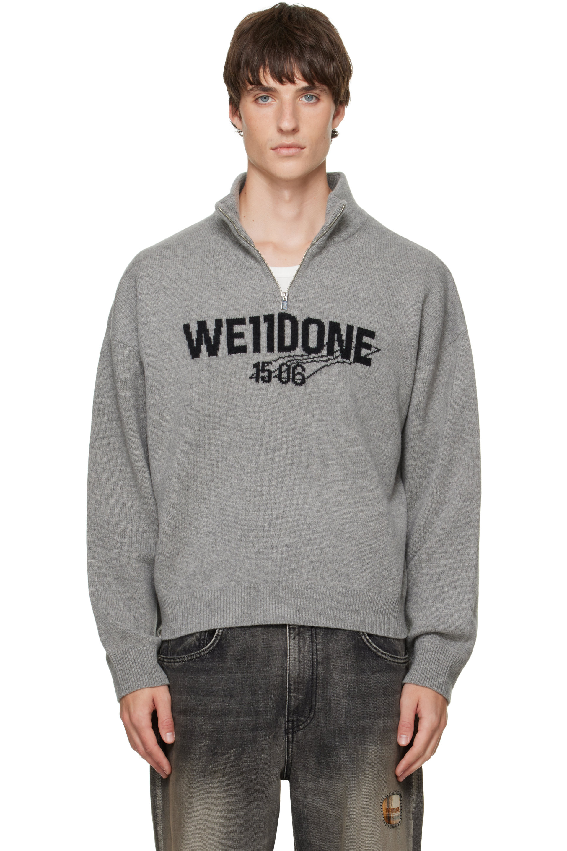 We11done - Gray Wide Logo Half-Zip Sweater