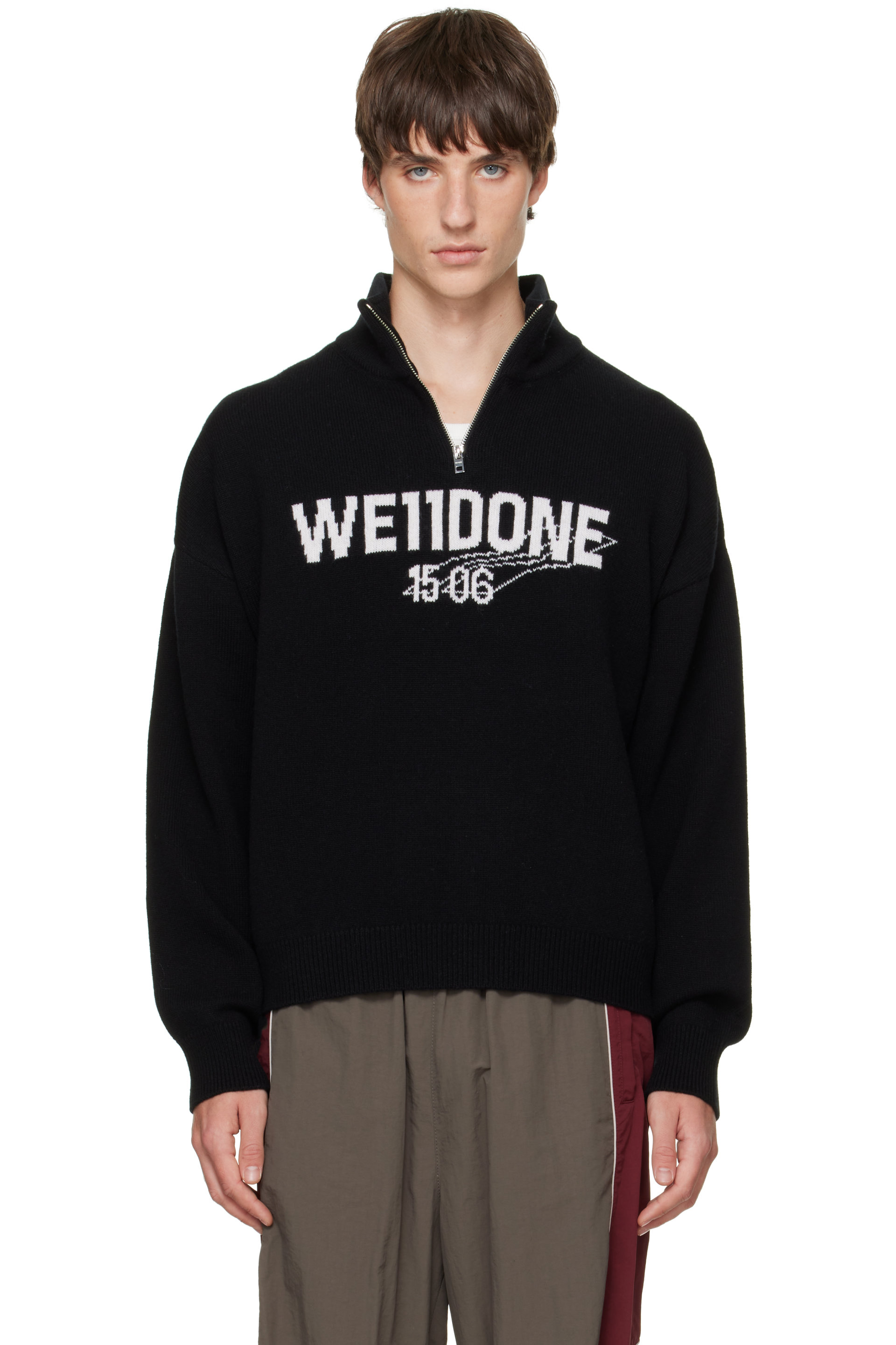 We11done - Black Wide-Fit '1506' Logo Half-Zip Sweater