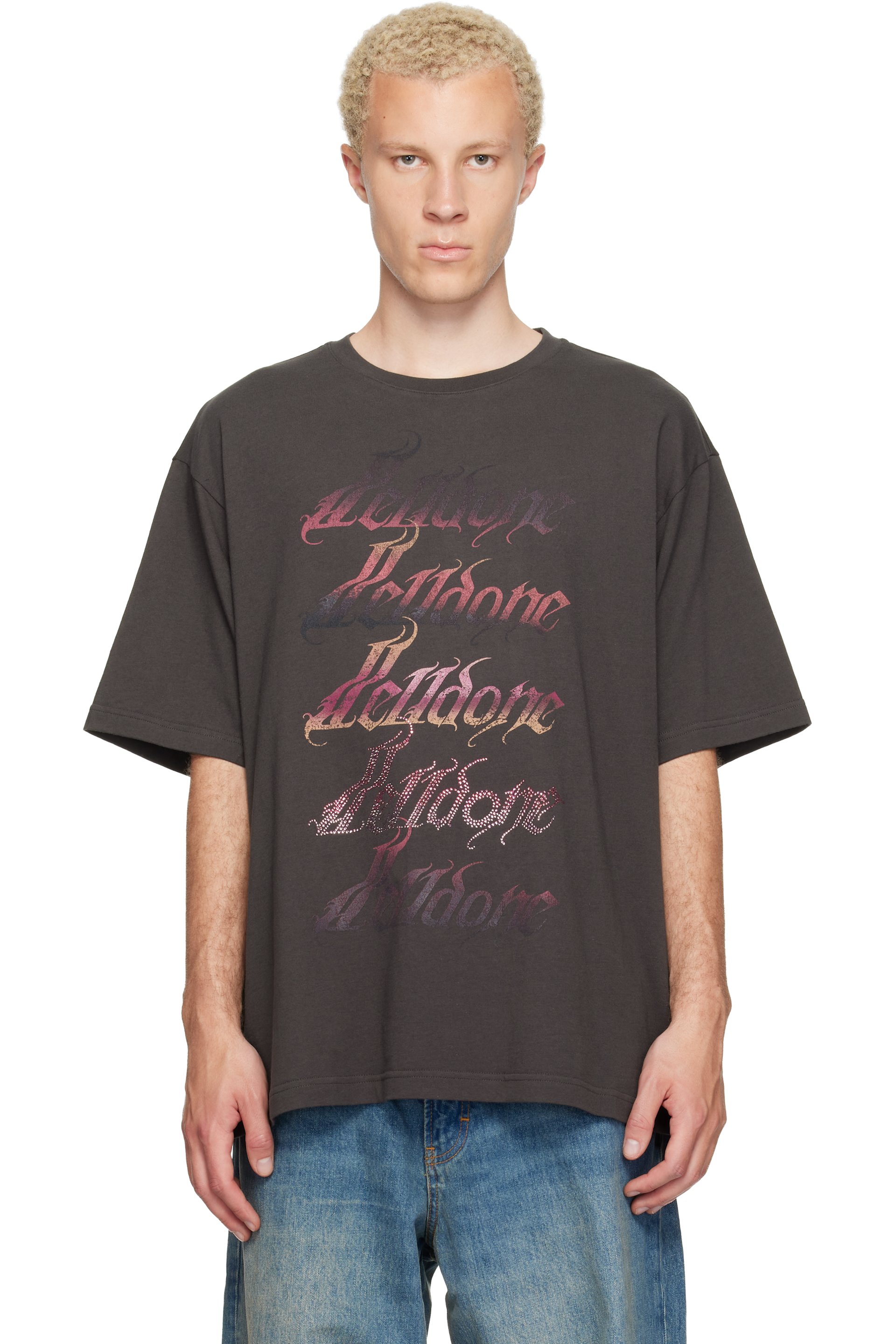 We11done - T-shirt gris à logos dégradés