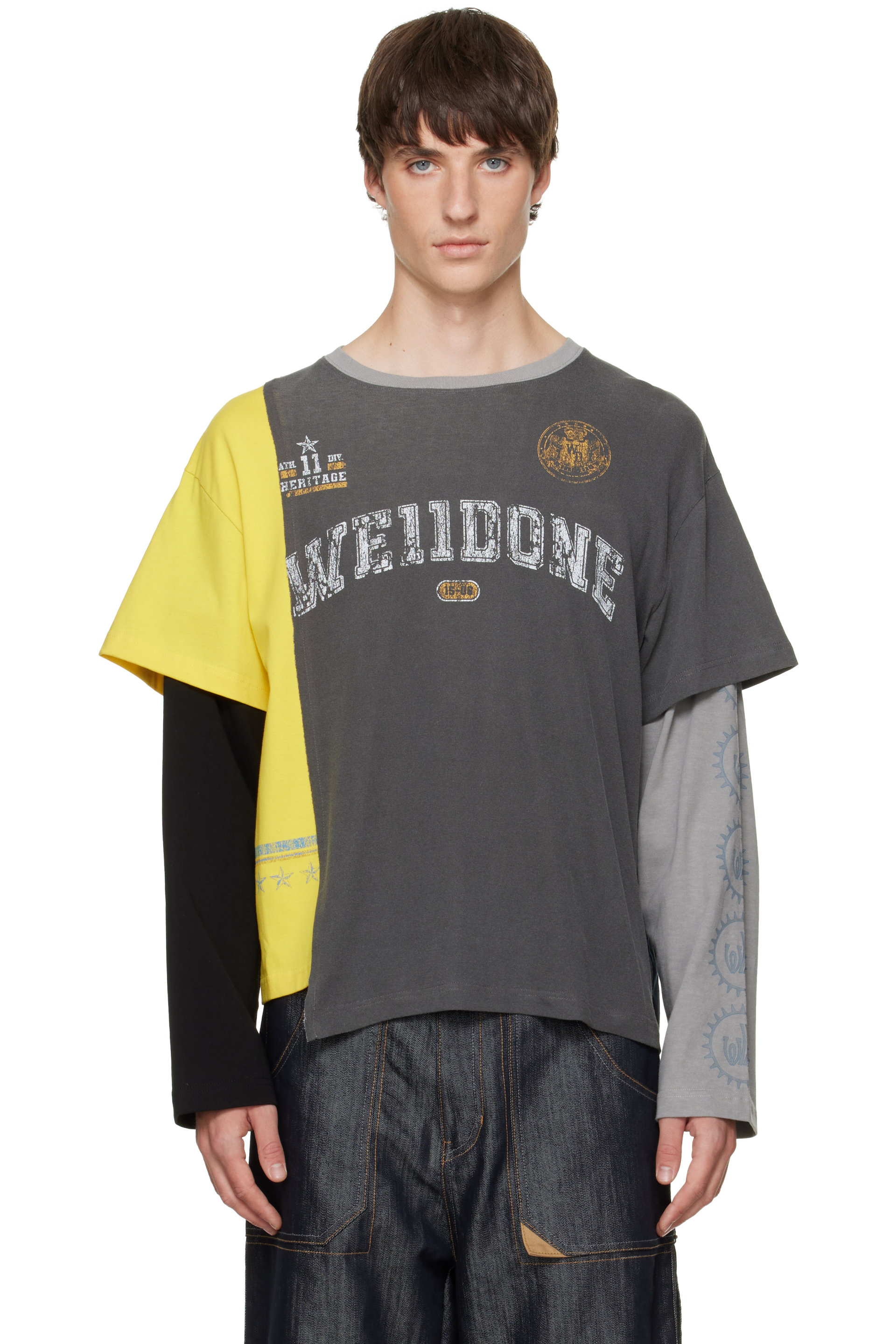 We11done - Gray Patchwork Layered Long-Sleeve T-shirt