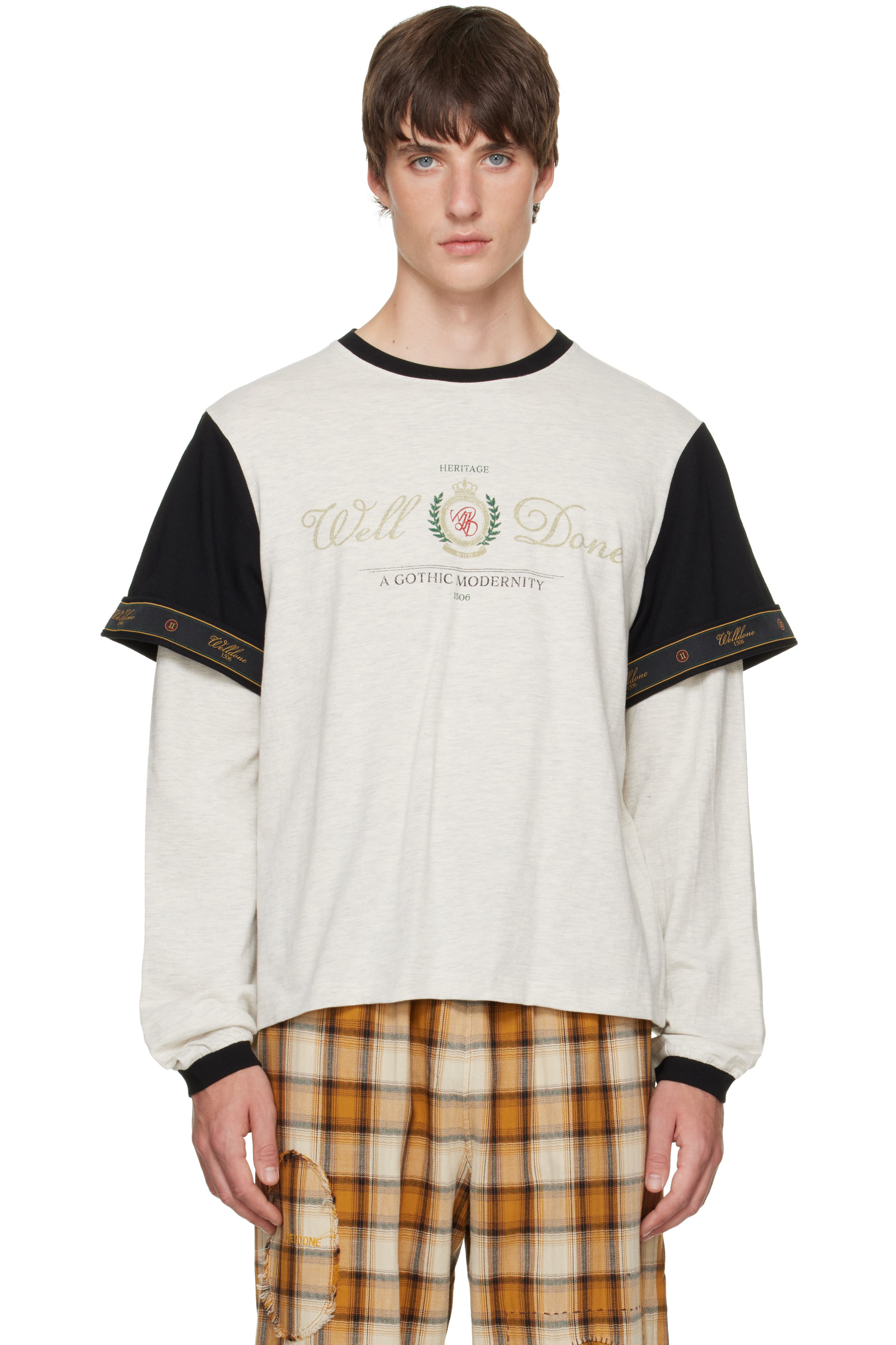 We11done - Gray Double-Sleeve Tape Long-Sleeve T-shirt