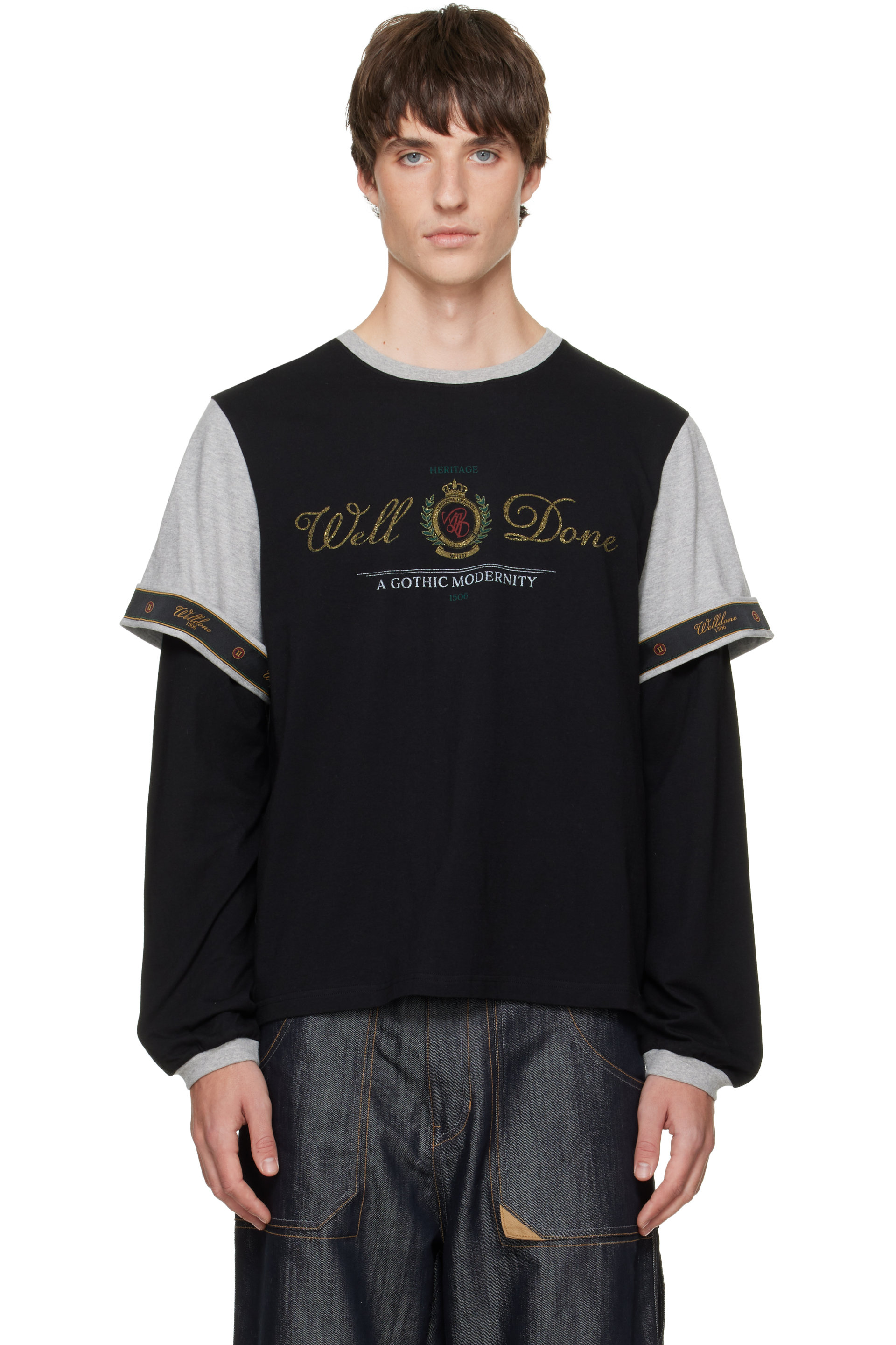 We11done - Black Double-Sleeve Tape Long Sleeve T-shirt