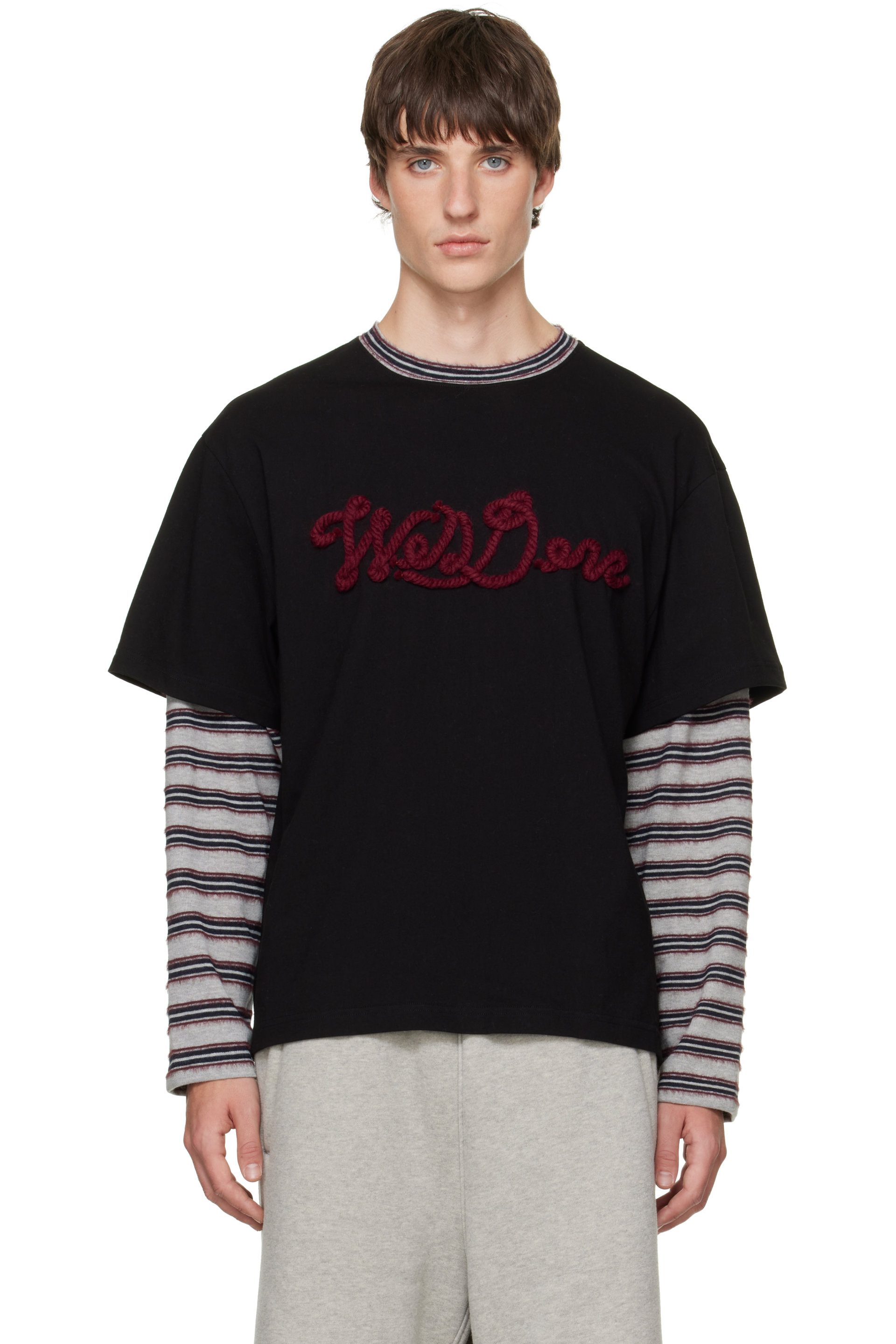 We11done - Black Rope-Embroidered Long-Sleeved T-shirt