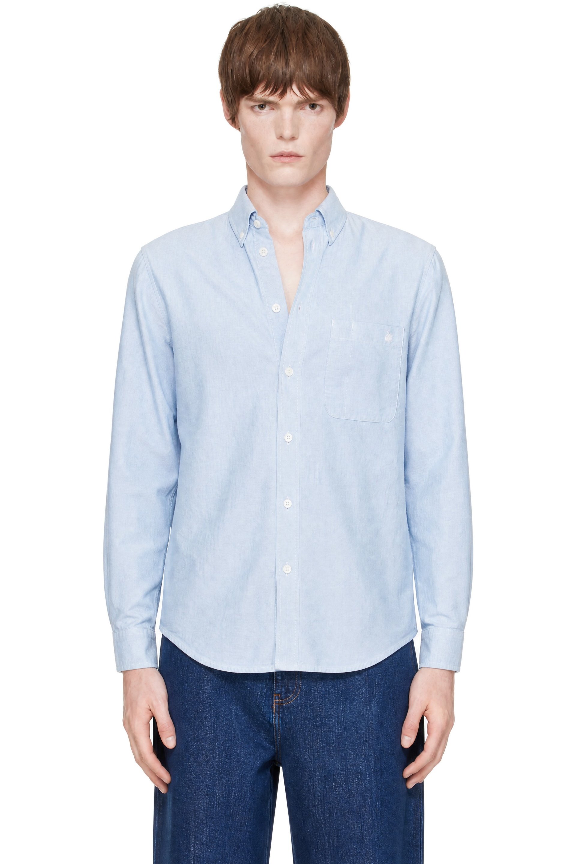 Merz b. Schwanen - Blue Button-Down Cotton Oxford Long Sleeve Shirt