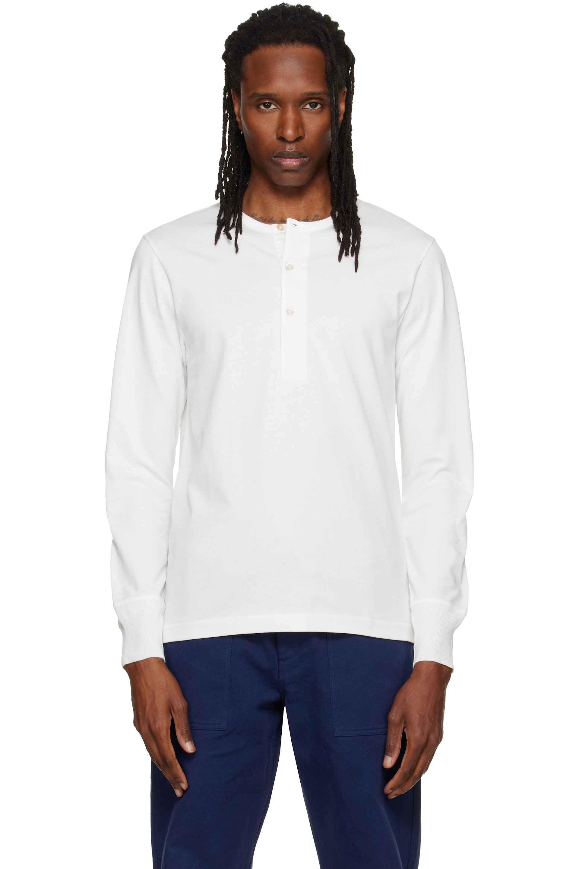 Merz b. Schwanen - White 2M06 'Mid-Century Machine' Refined Fit Henley