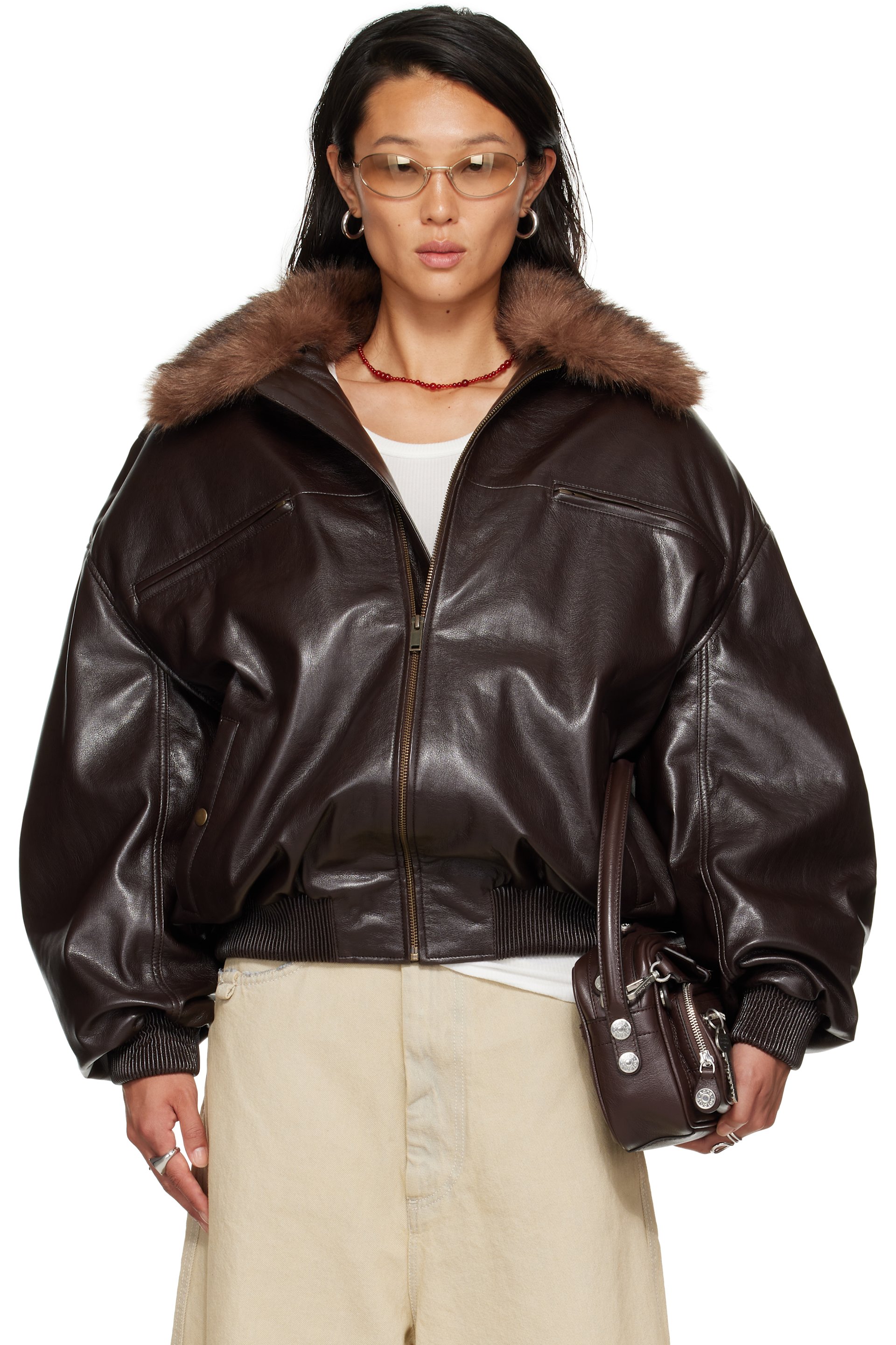 LU'U DAN - Brown Faux-Leather Cargo Flight Jacket