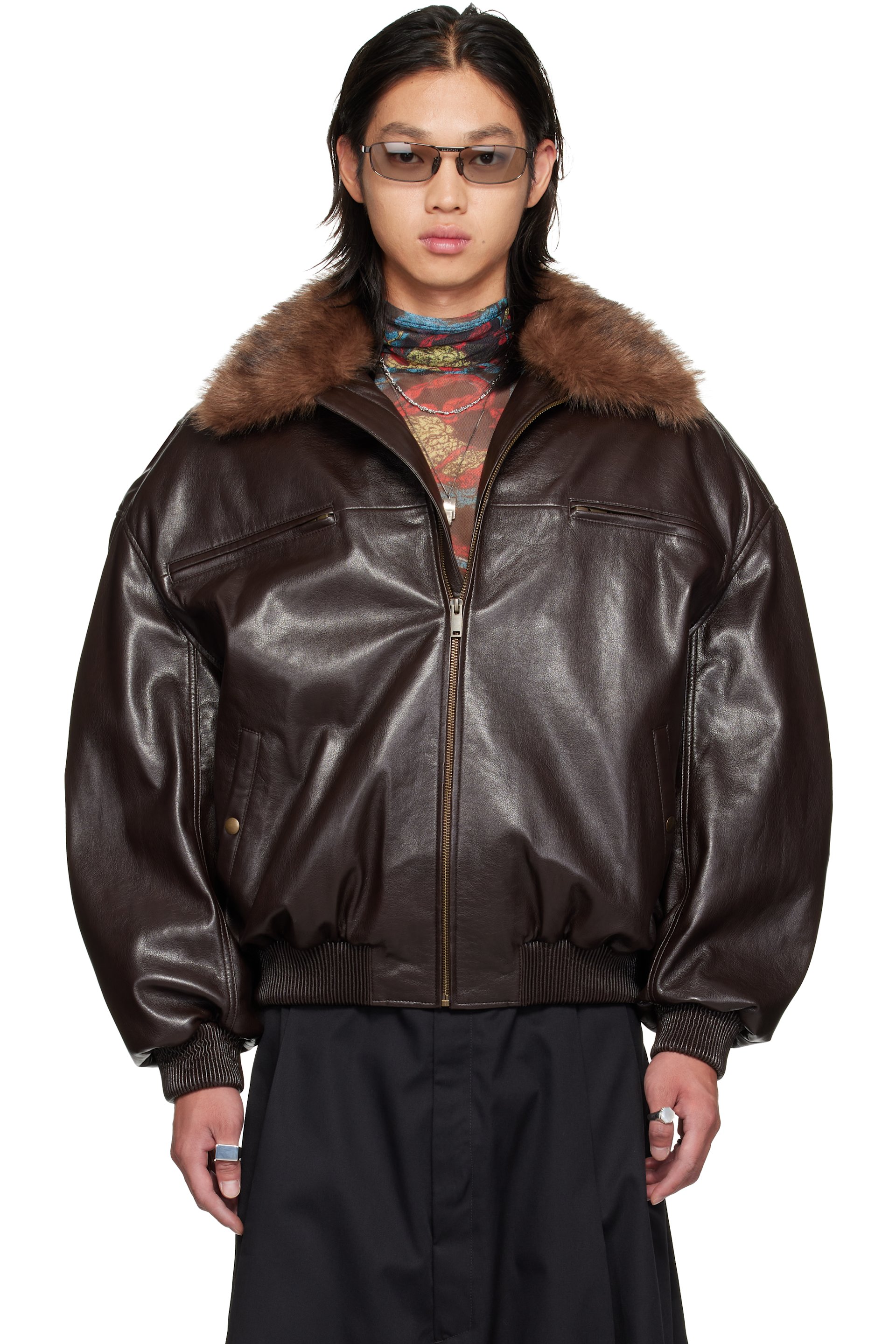 LU'U DAN - Brown Faux-Leather Cargo Flight Jacket