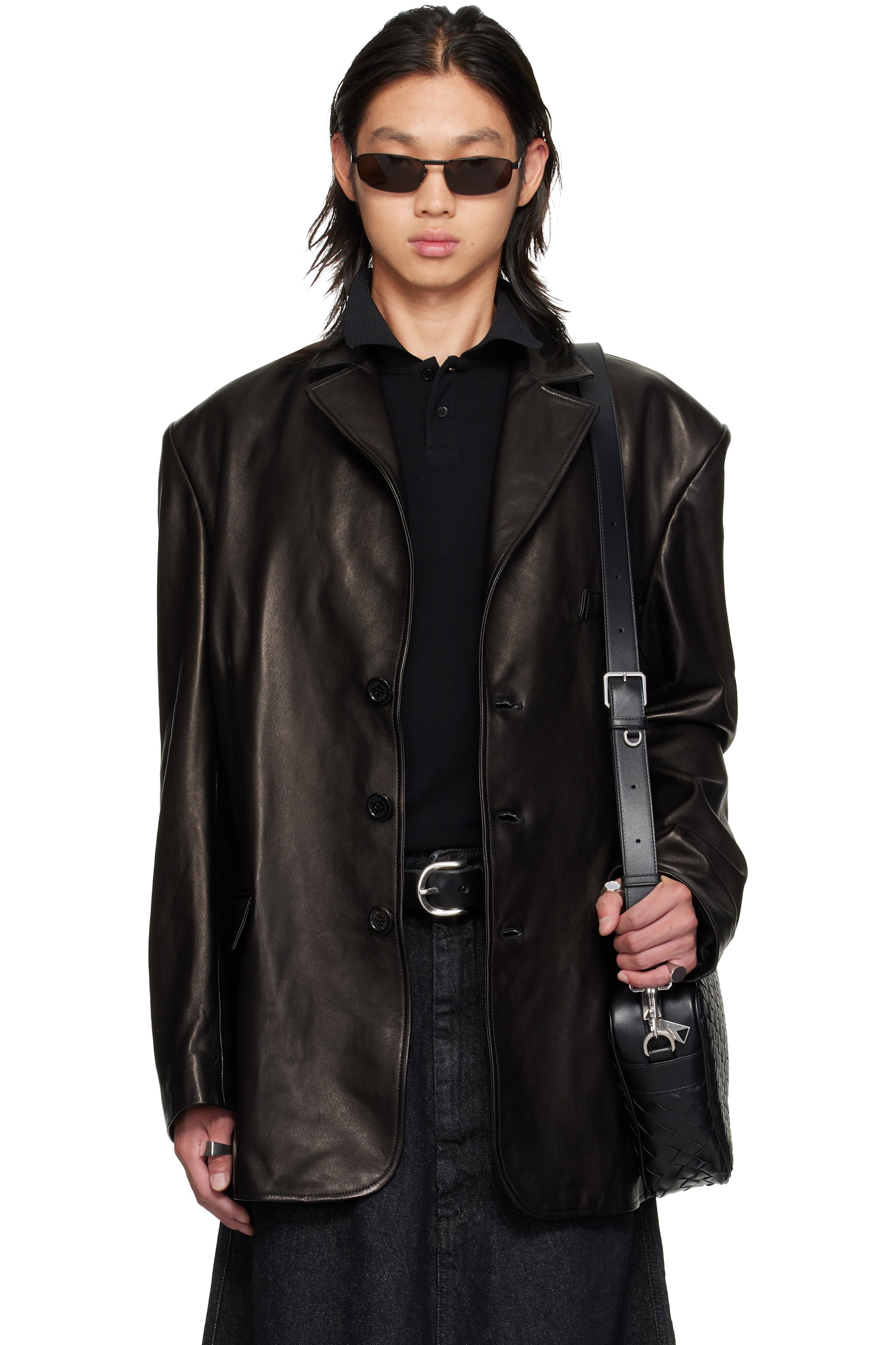 LU'U DAN - Black Oversized Tailored Leather Suit Jacket