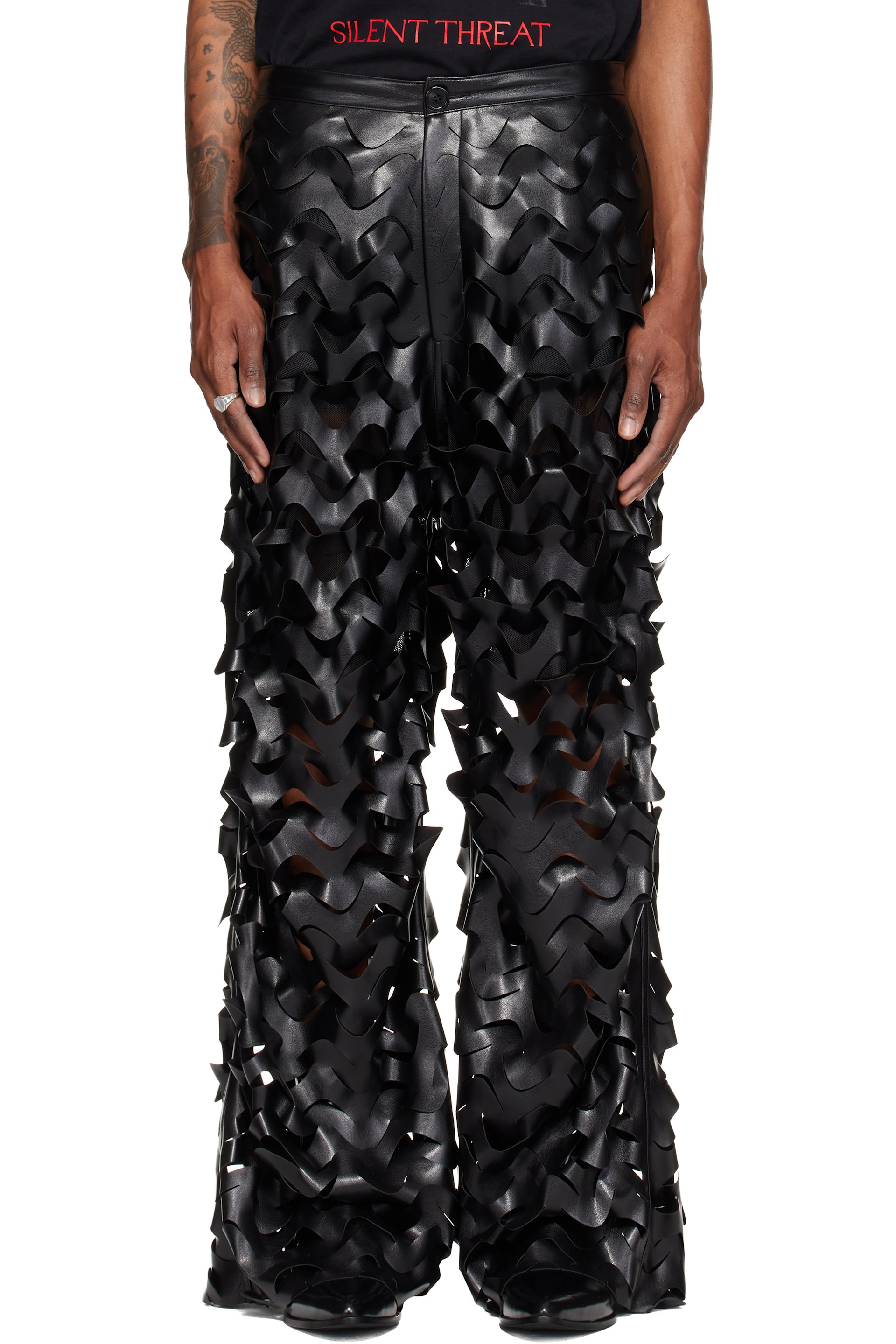 LU'U DAN - Black Laser Cut Faux-Leather Trousers