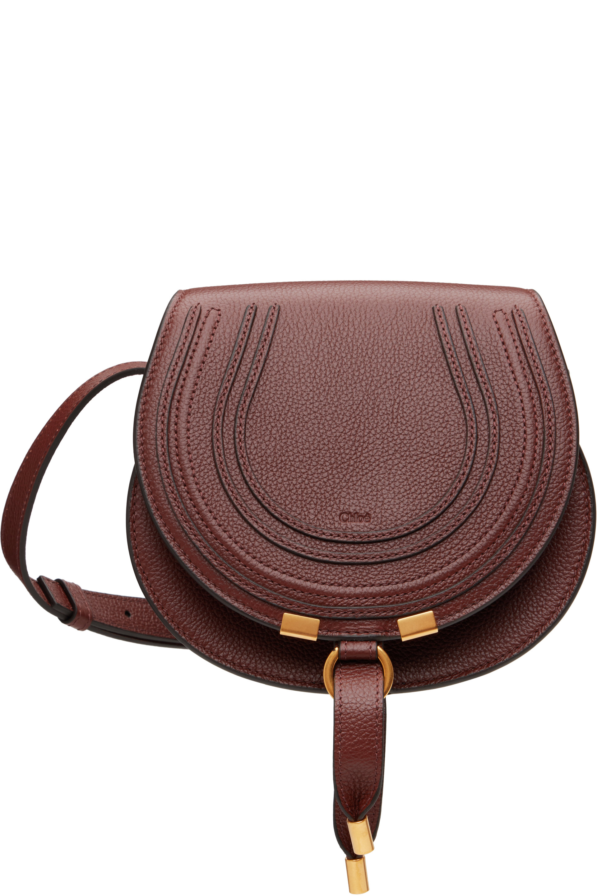 Chloé - Sac sellier brun en cuir grainé à ornement Marcie