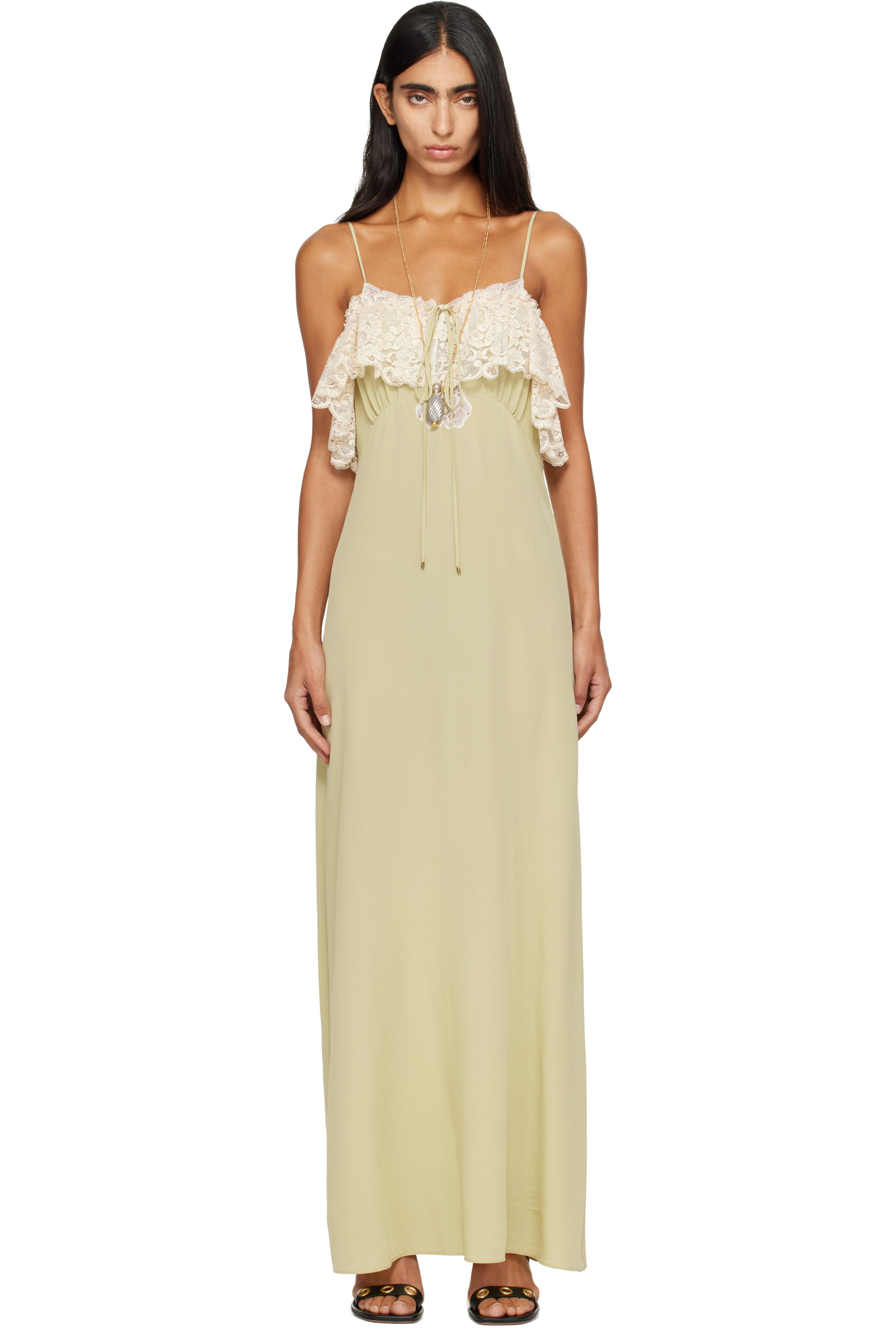 Chloé - Green Crêpe de Chine & Lace Thin-Strap Maxi Dress