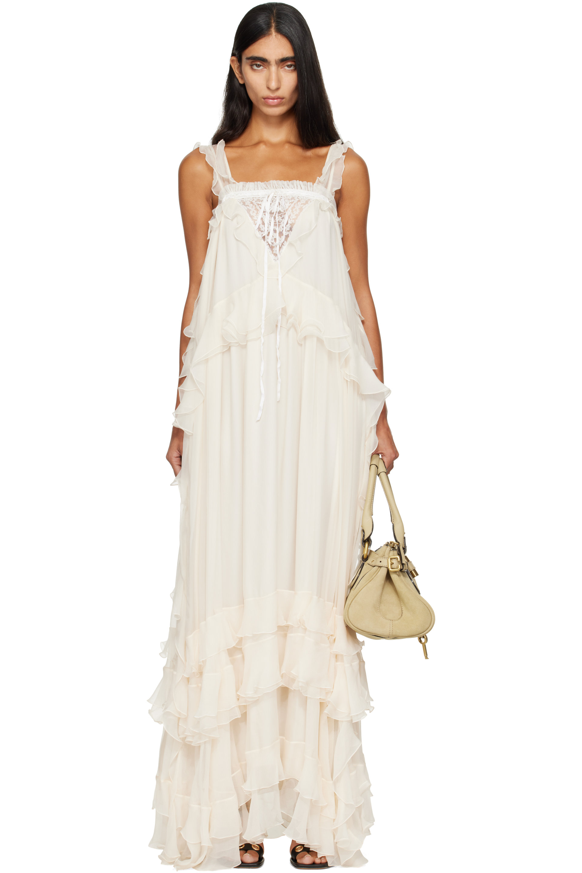 Chloé - Off-White Silk Mousseline & Lace Sleeveless Layered Maxi Dress