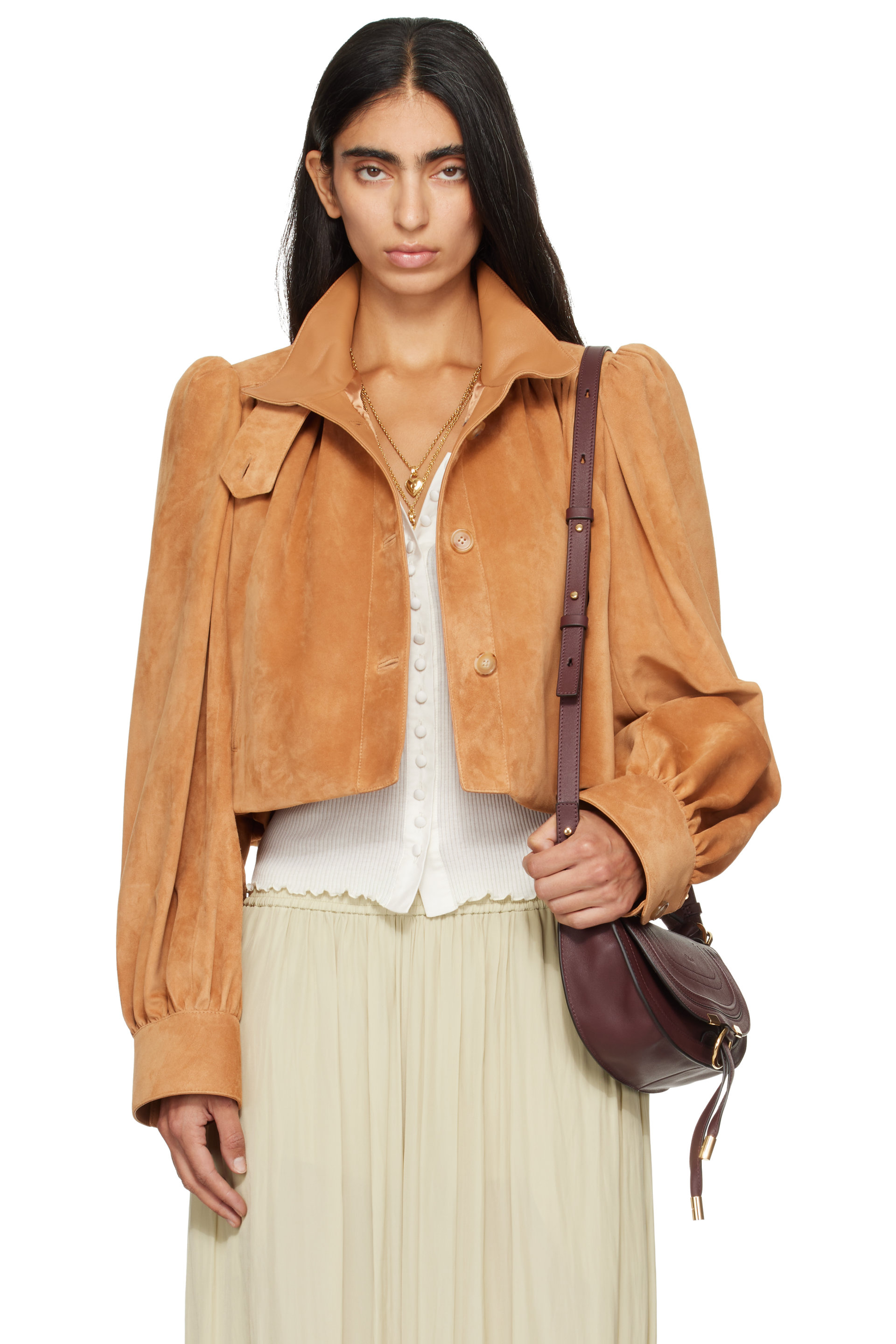 Chloé - Blouson brun clair en suède à fronces