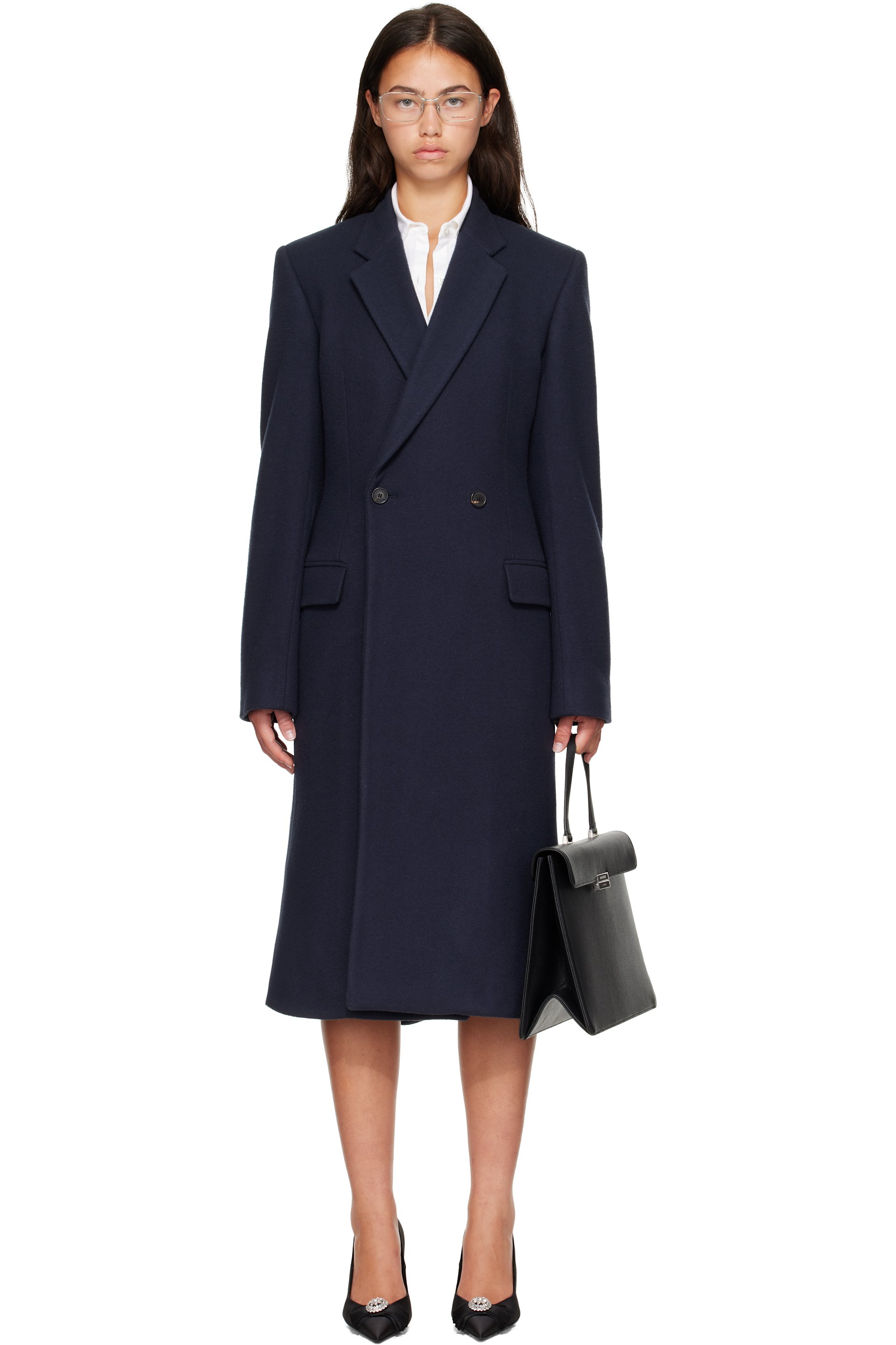 Balenciaga - Navy Godet Midi Coat