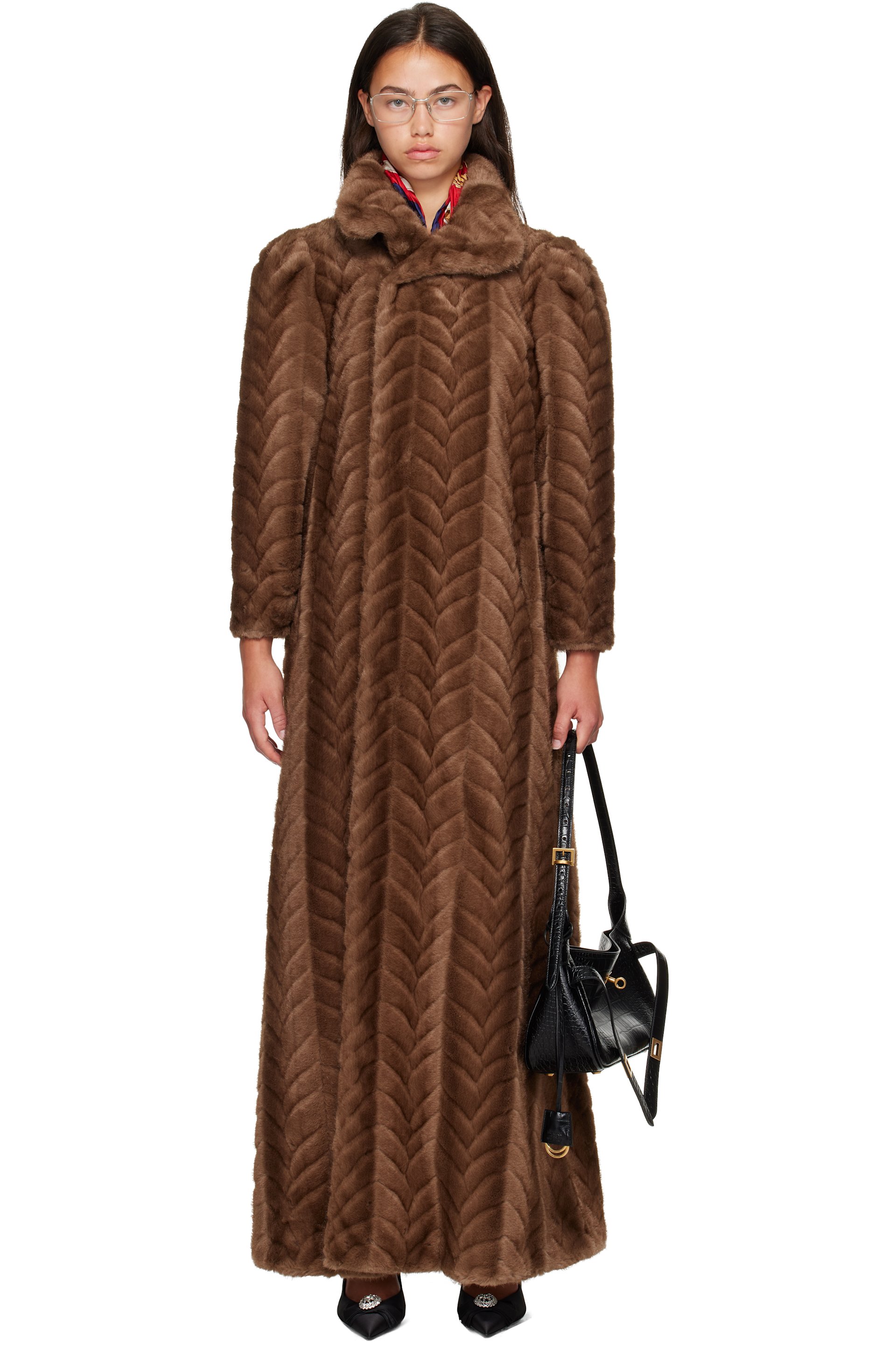 Balenciaga - Brown Cable Knit Faux Fur Coat
