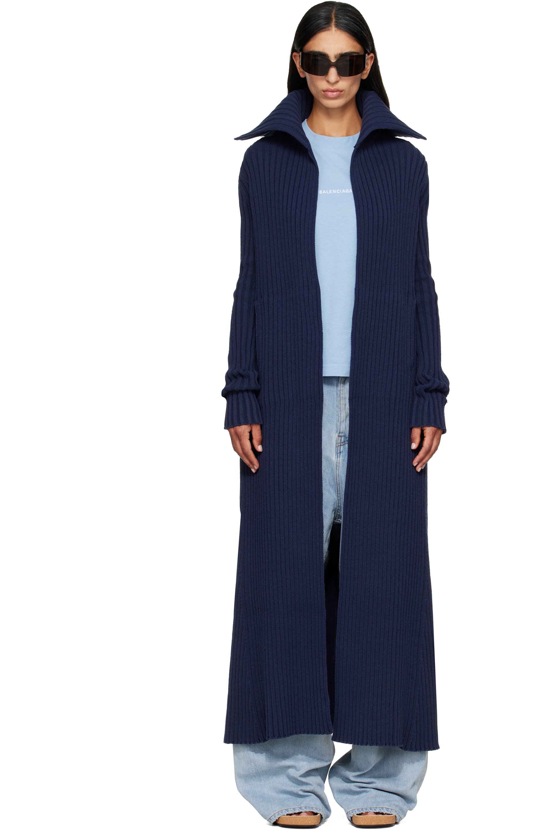Balenciaga - Navy Cotton Mix Thick Ribs Maxi Cardigan