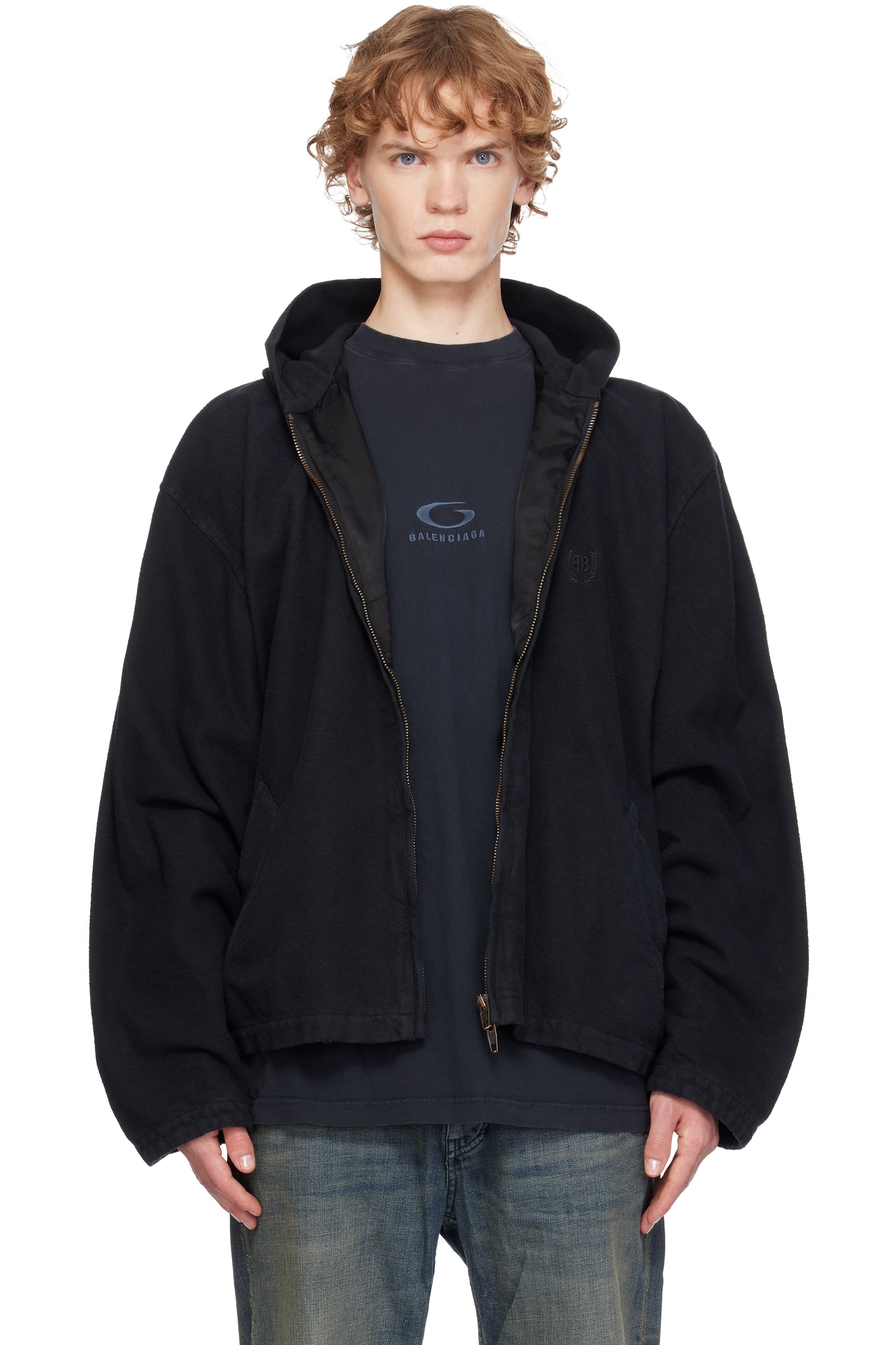 Balenciaga - Black Hooded Zip-Up Jacket