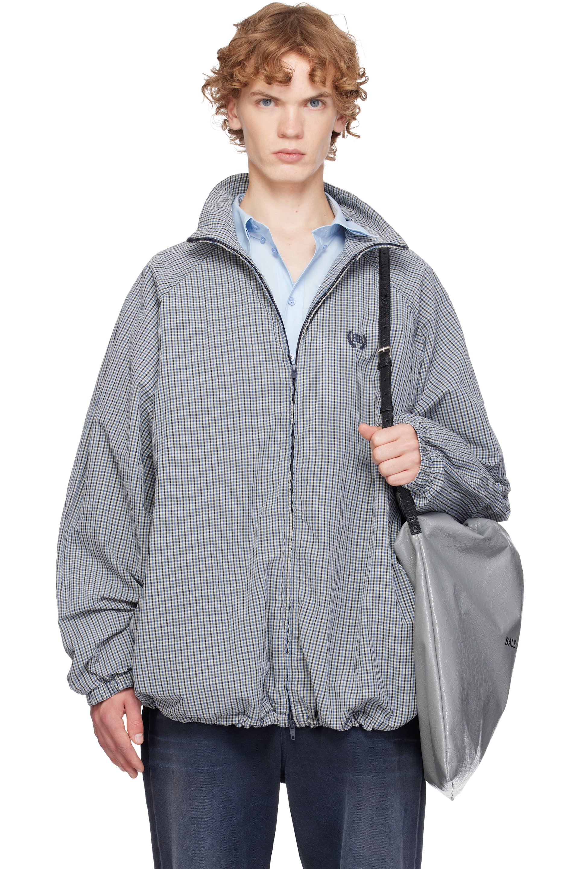 Balenciaga - Blue & Beige Cotton Linen Check Zip-Up Jacket