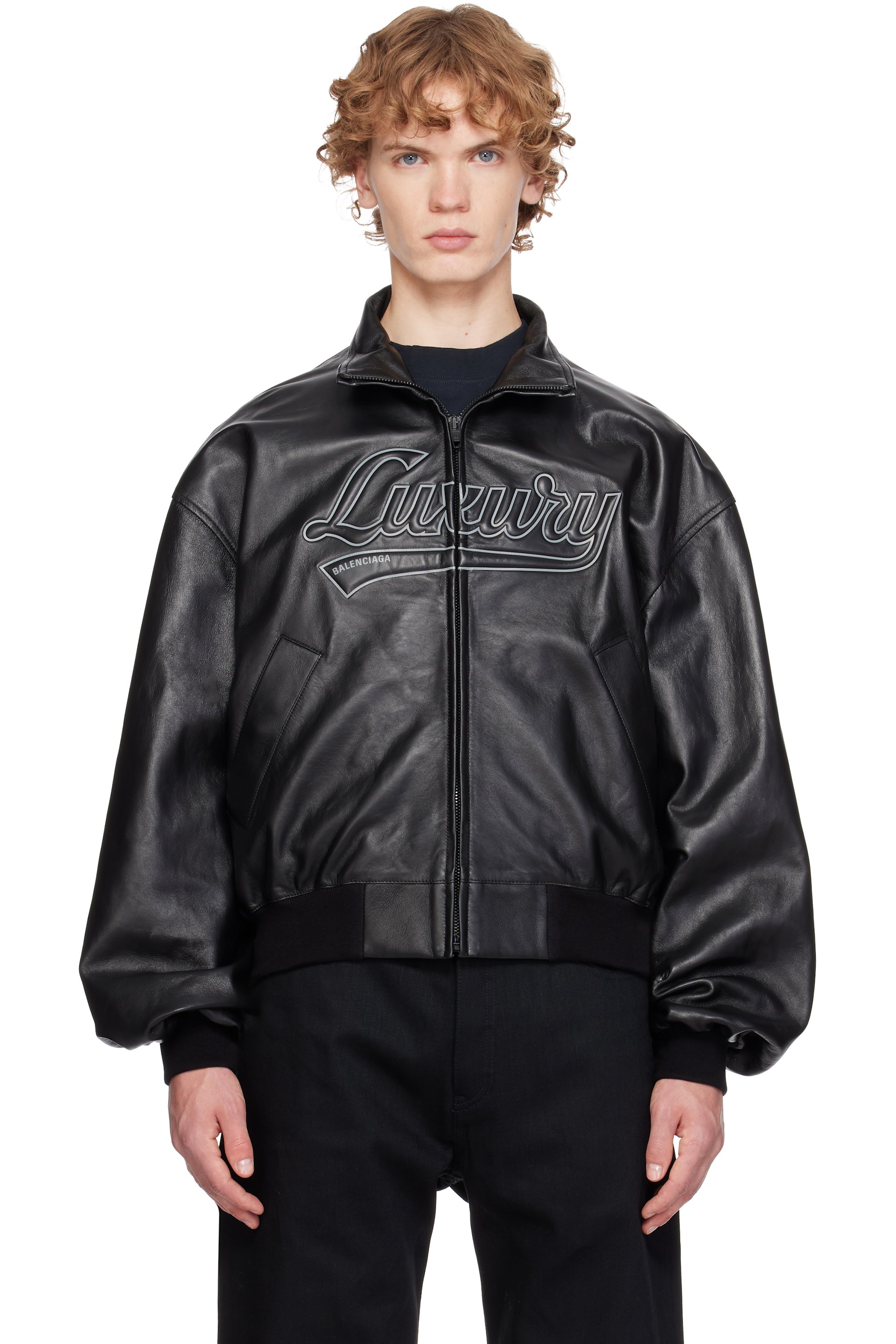 Balenciaga - Black Smooth Semi Grainy Leather Bomber Jacket