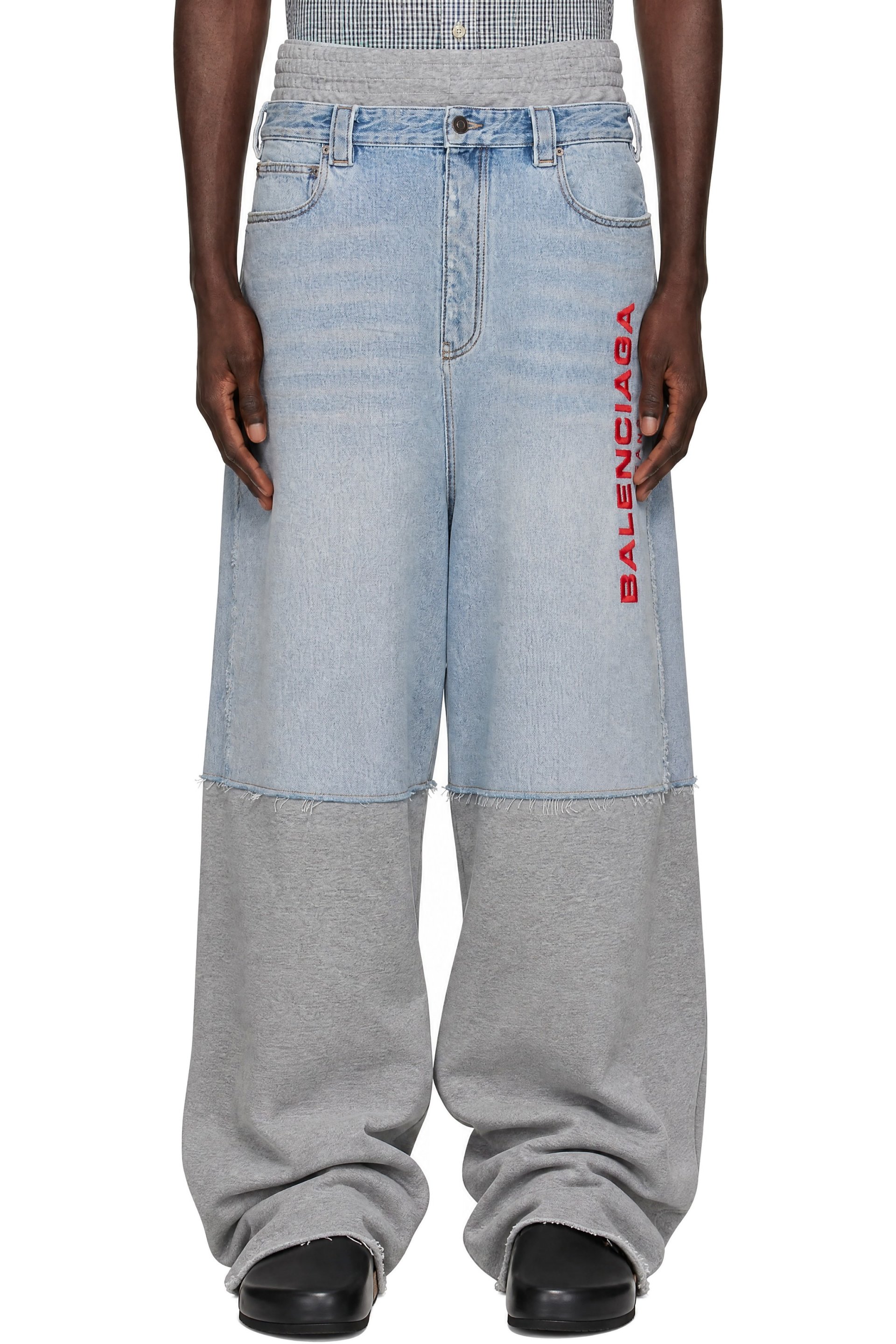 Balenciaga - Gray & Blue Paneled Terry Denim Jeans