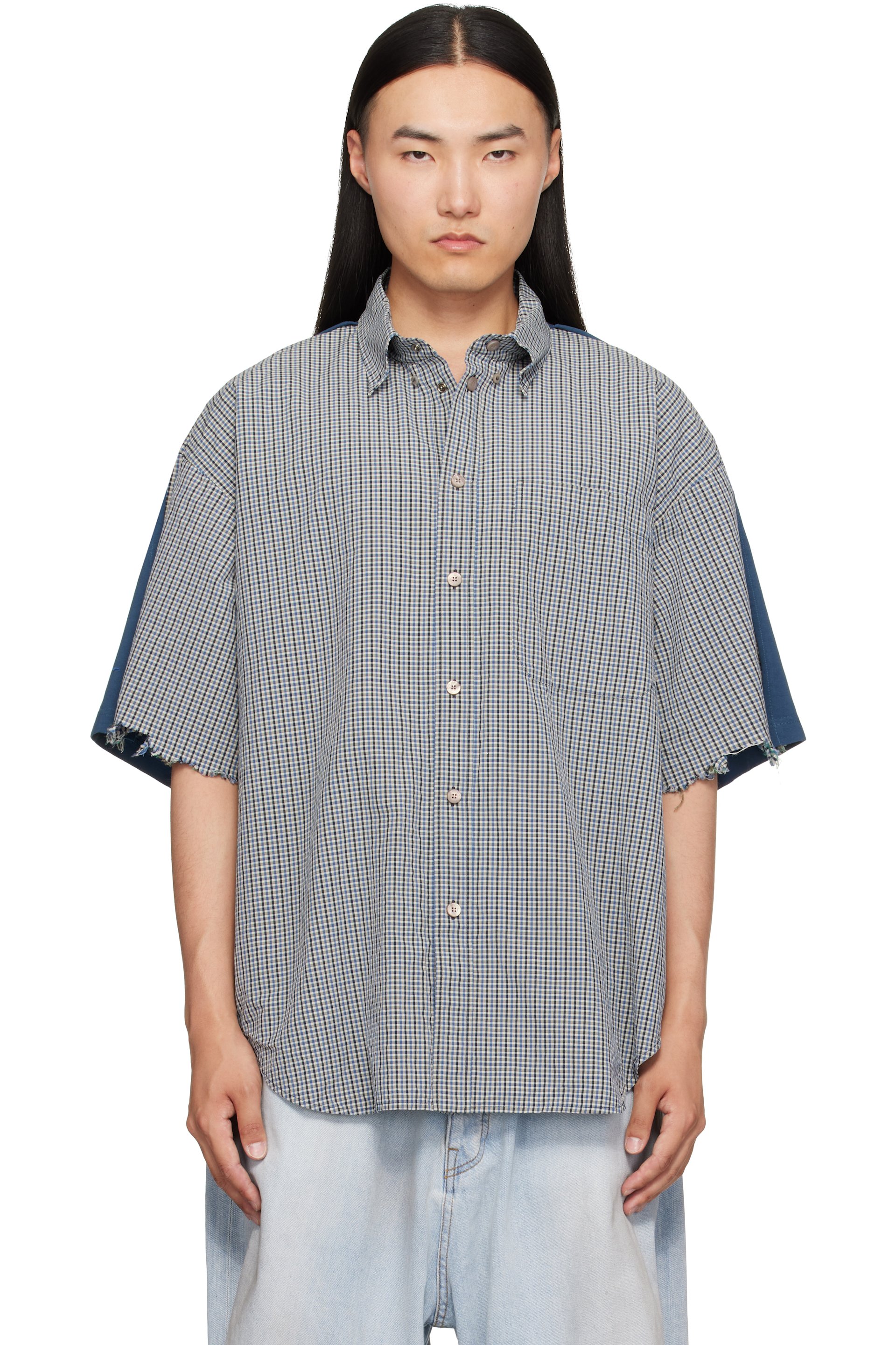 Balenciaga - Chemise bleue à carreaux et à panneaux