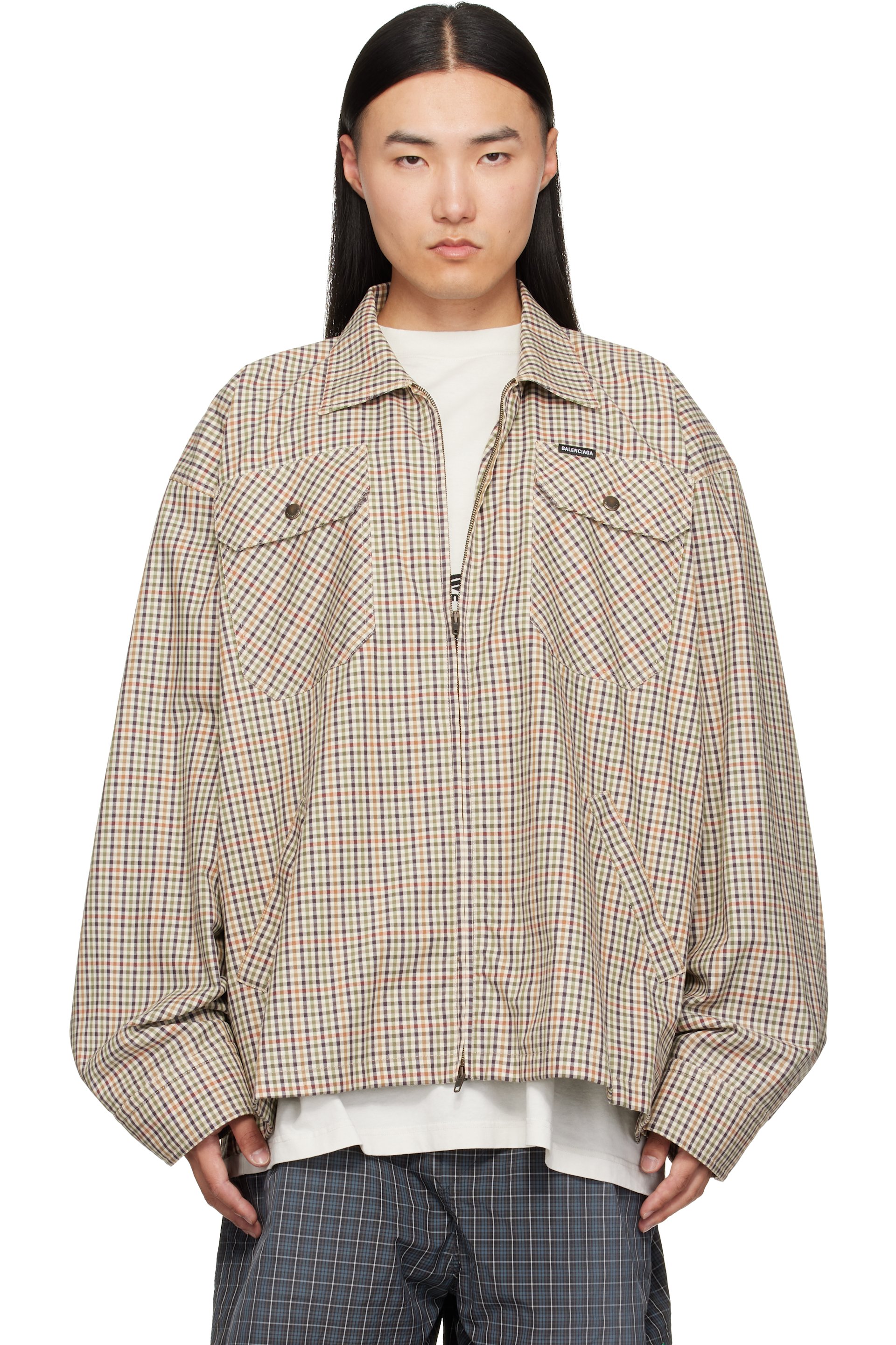 Balenciaga - Chemise beige en flanelle à carreaux et à glissière
