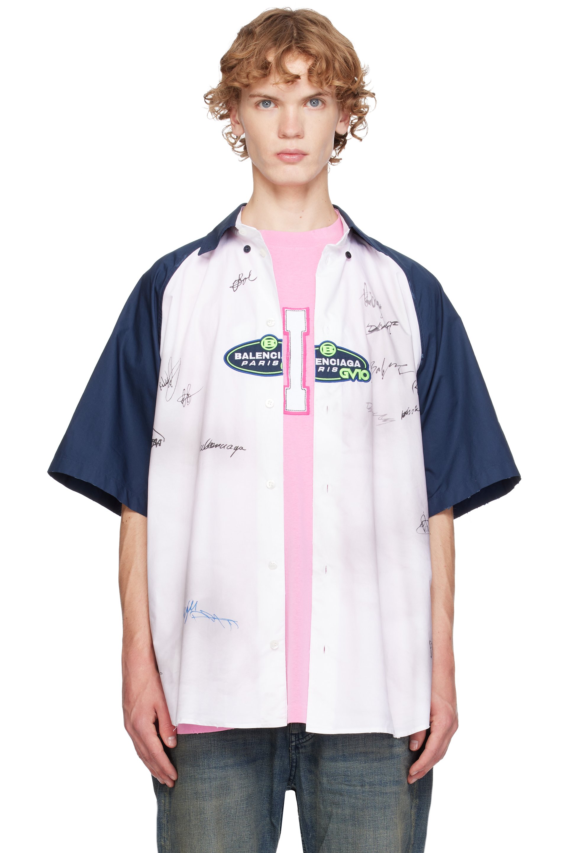 Balenciaga - Chemise à manches raglan courtes blanc et bleu marine à logos