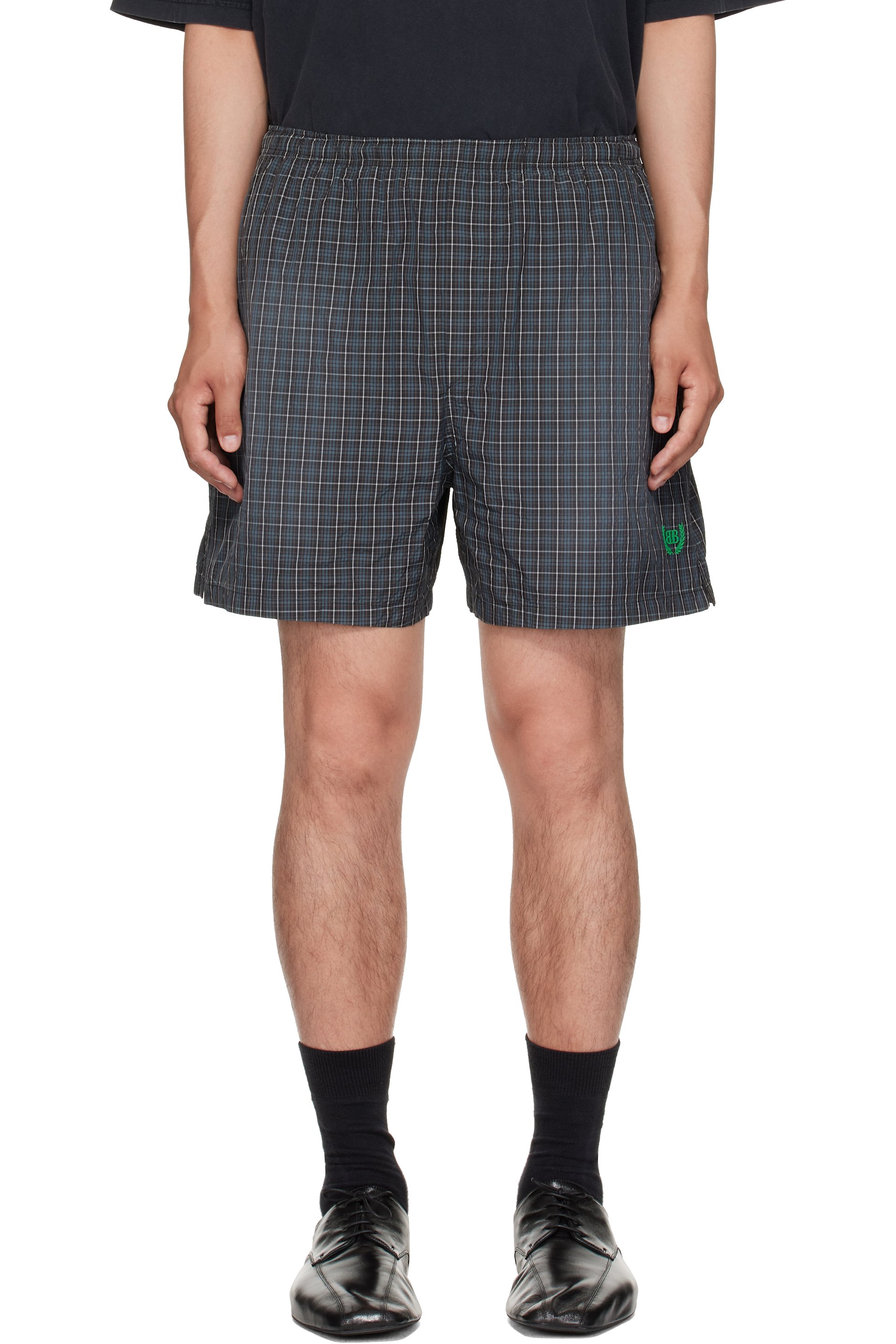Balenciaga - Short boxeur noir et bleu à carreaux en tissu technique
