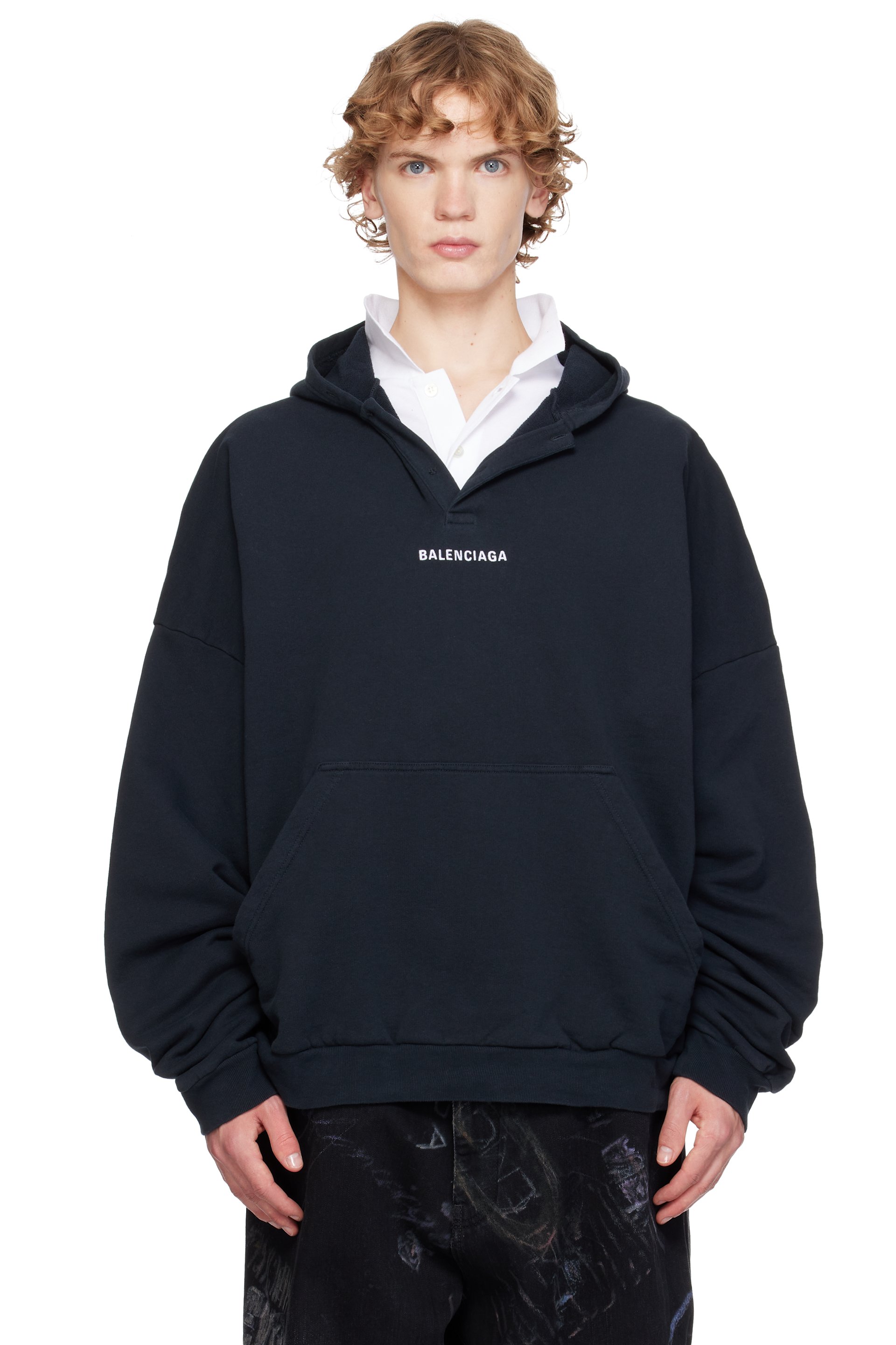 Balenciaga - Pull à capuche de style polo noir à logos
