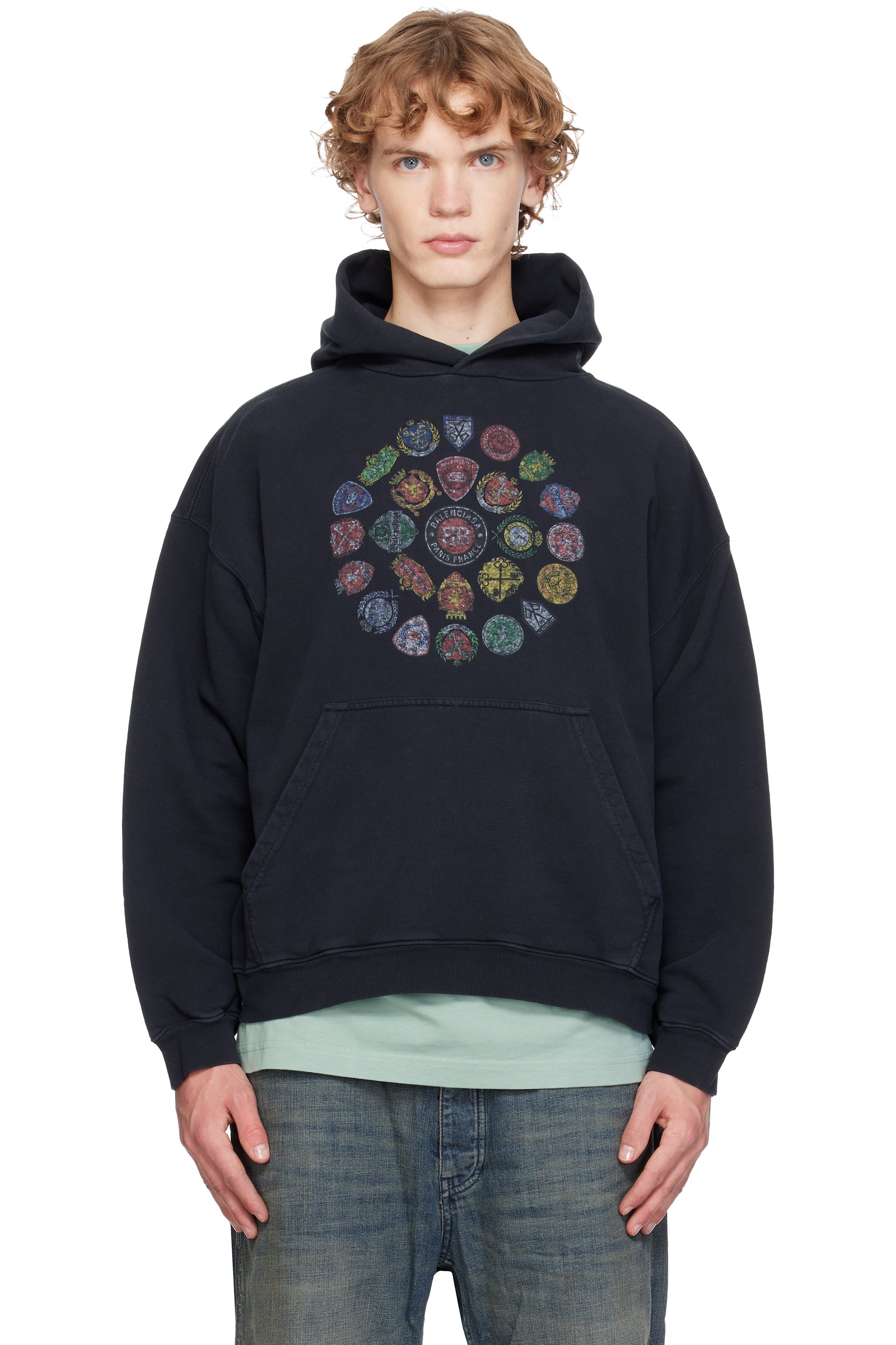 Balenciaga - Pull à capuche ample noir à logo en spirale