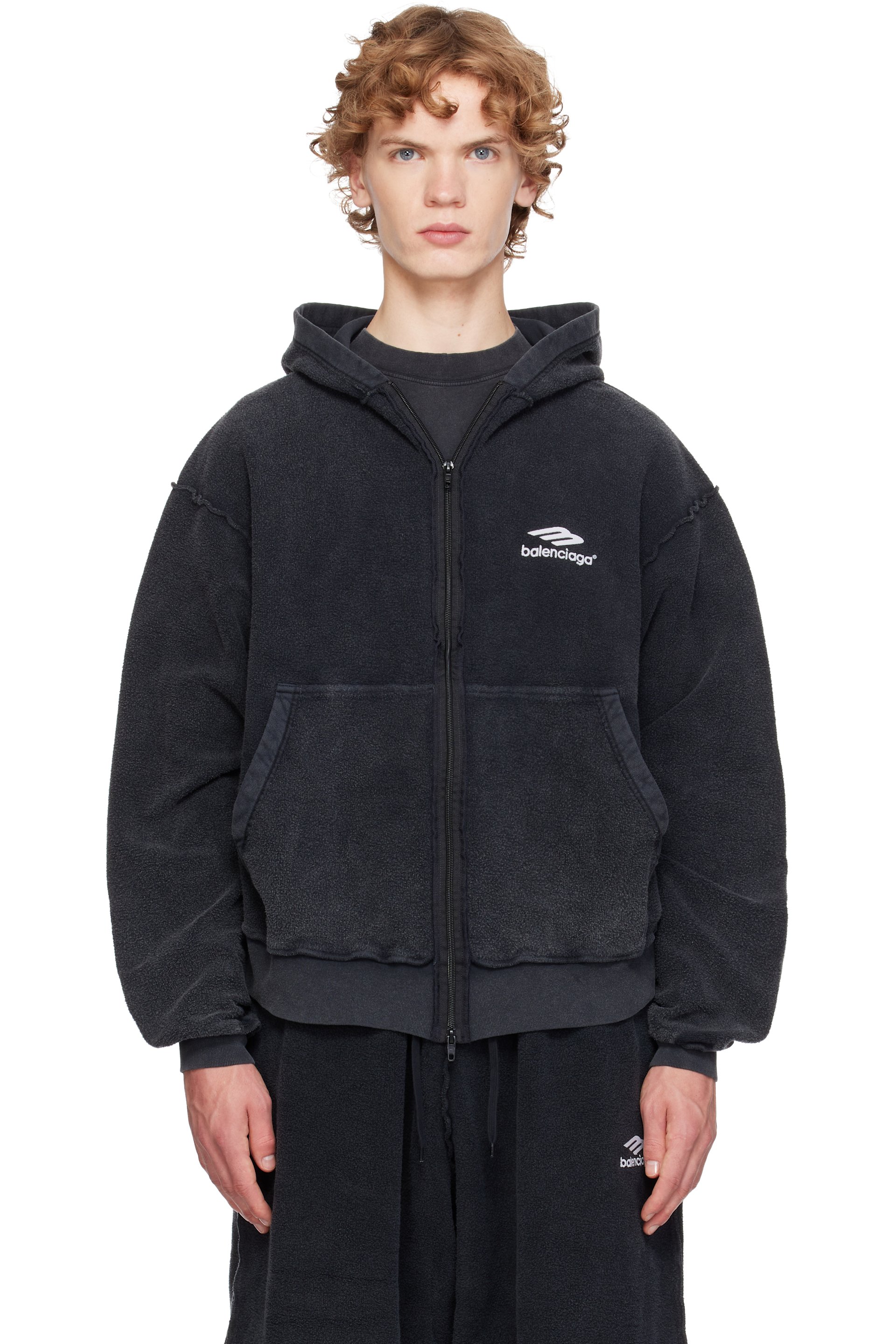 Balenciaga - Pull à capuche noir à glissière et à logo 3B sports