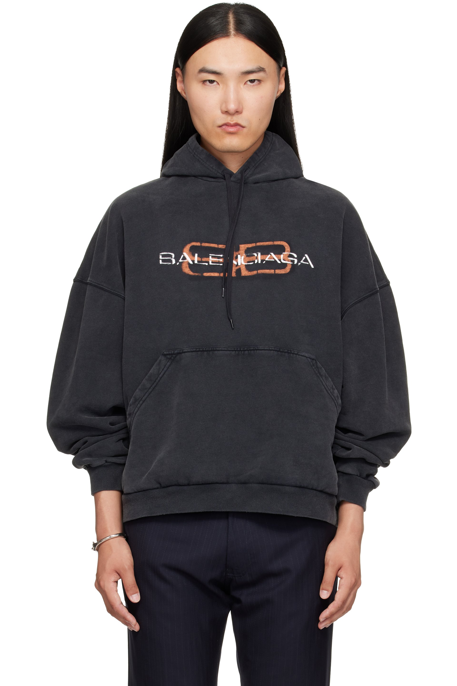 Balenciaga - Pull à capuche noir à logo BB Stencil