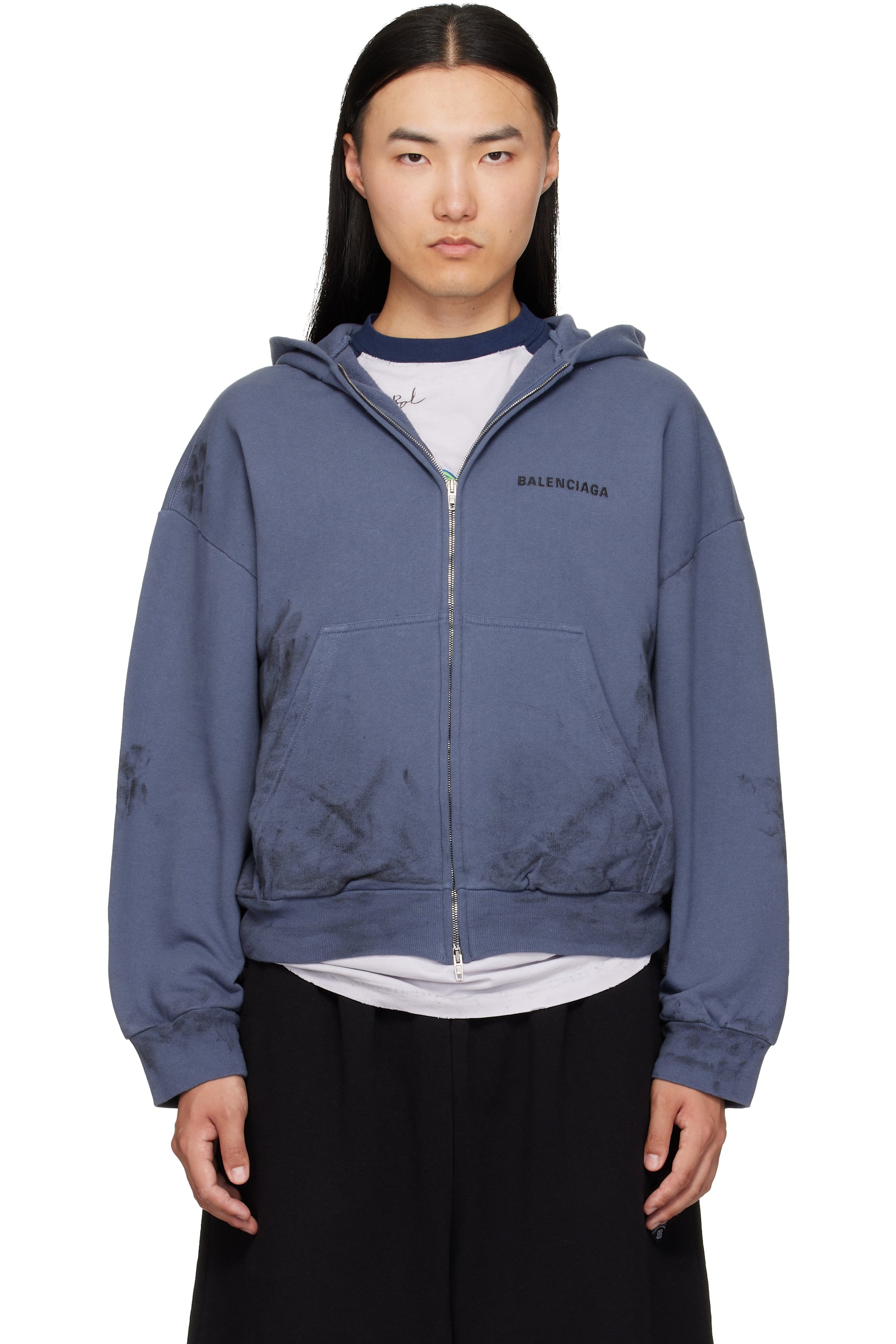 Balenciaga - Pull à capuche bleu teint à glissière