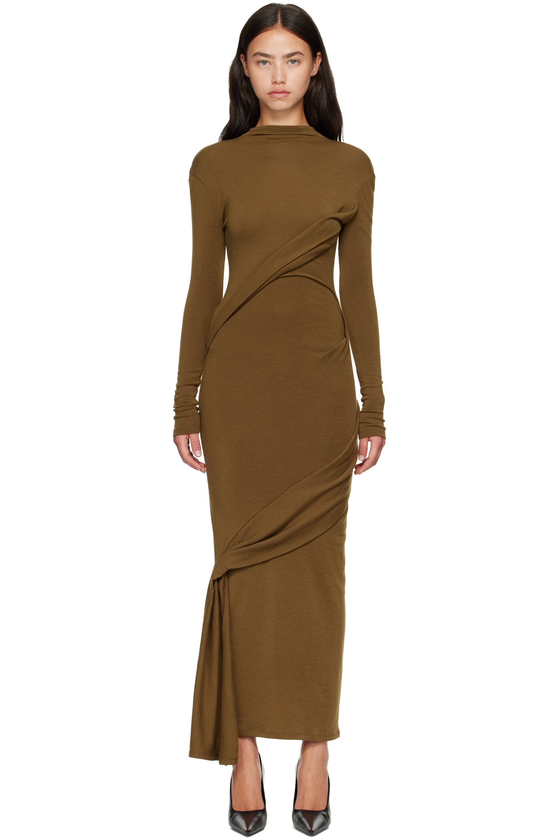Mugler - Khaki Draped Turtleneck Maxi Dress