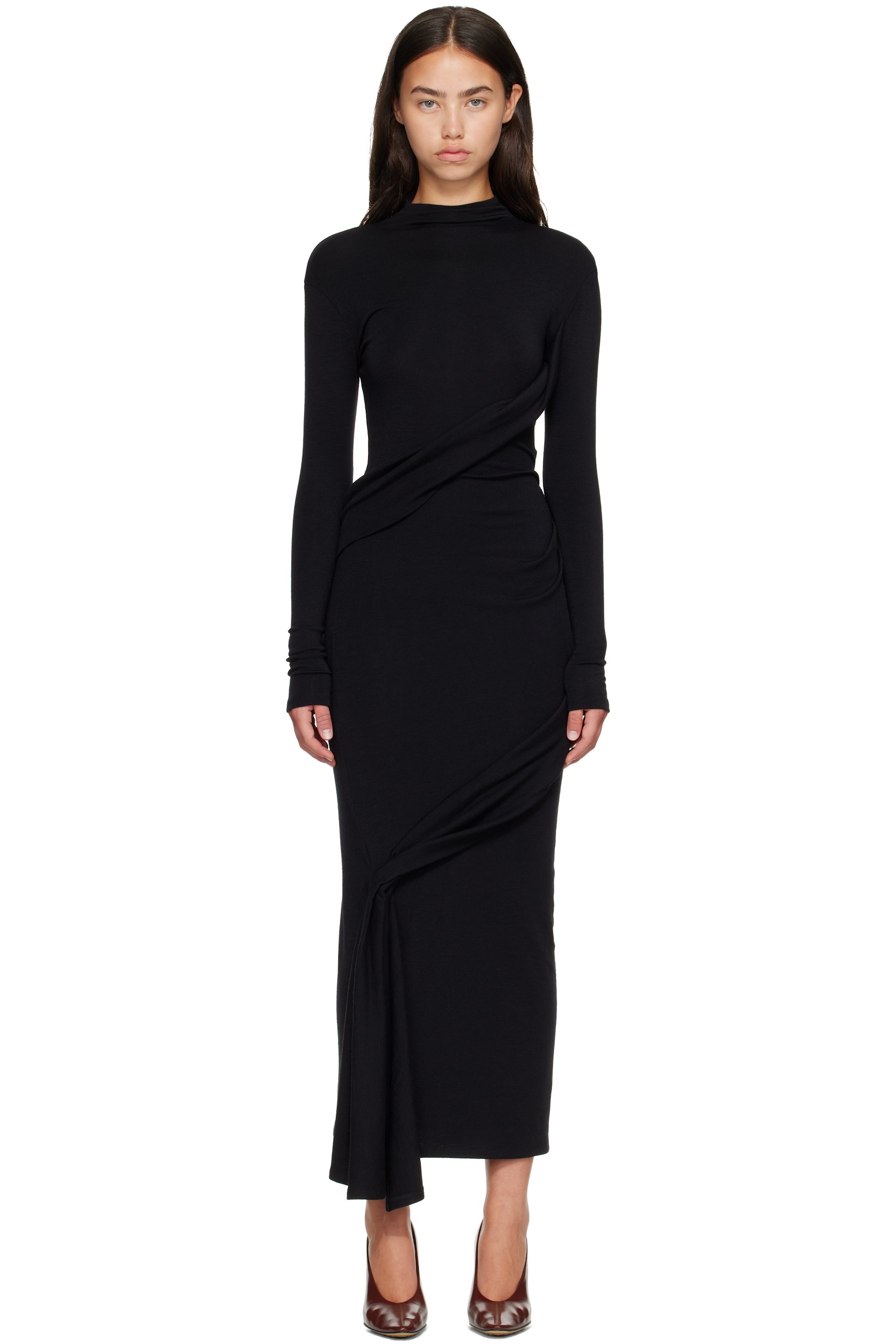 Mugler - Black Draped Turtleneck Maxi Dress
