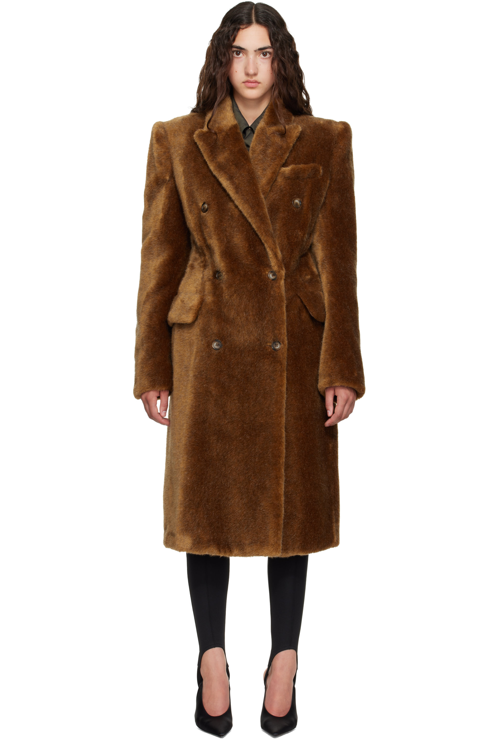 Mugler - Brown Double Breasted Faux-Fur Coat