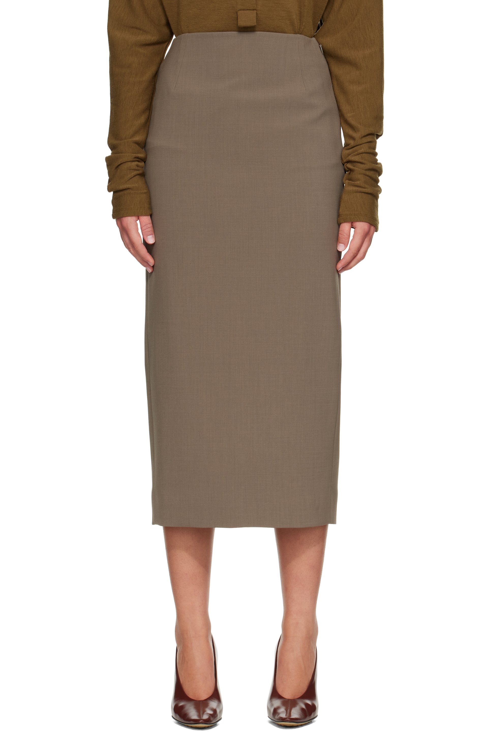 Mugler - Taupe Pencil Midi Skirt