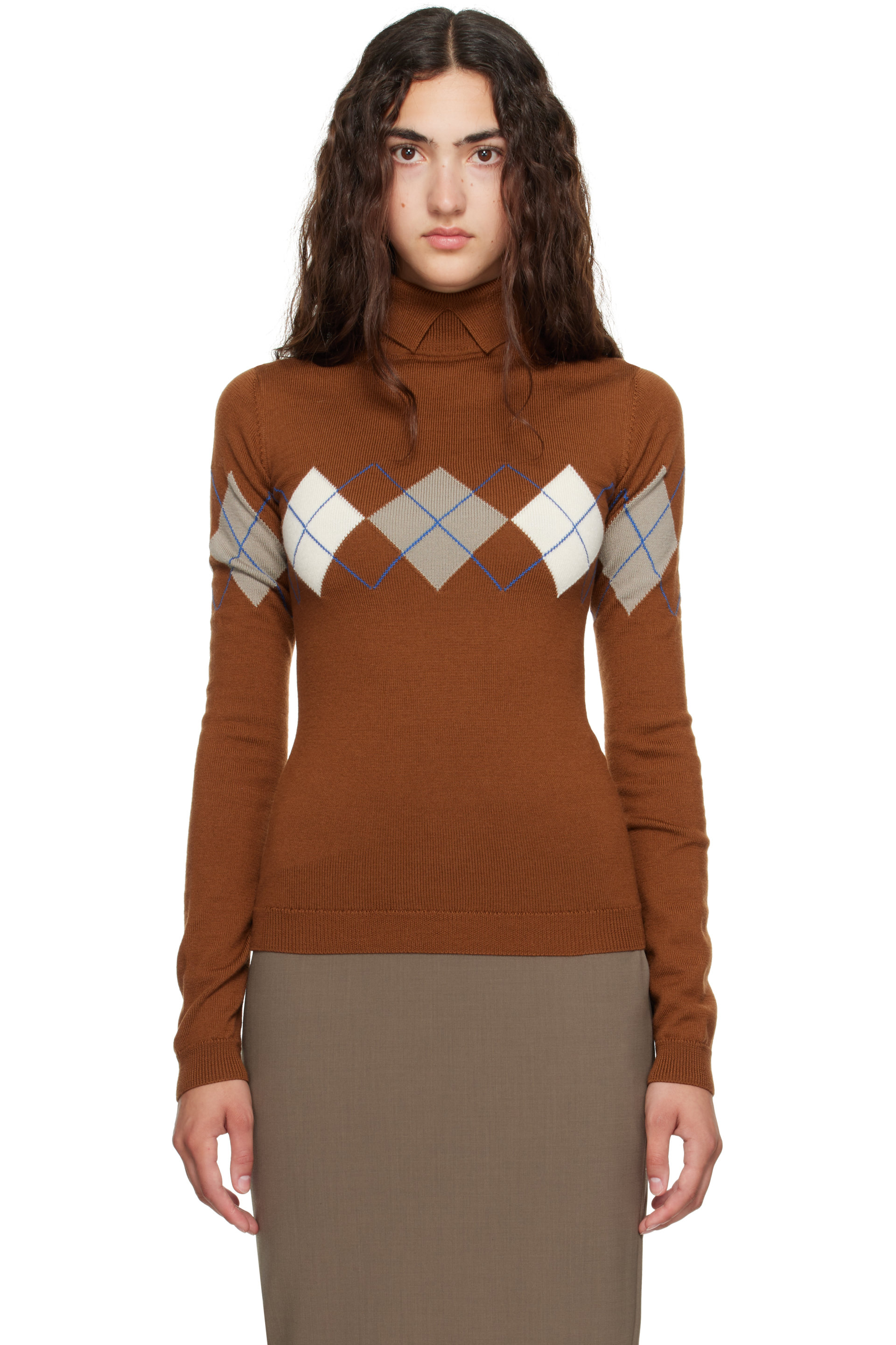 Mugler - Tan Argyle Turtleneck