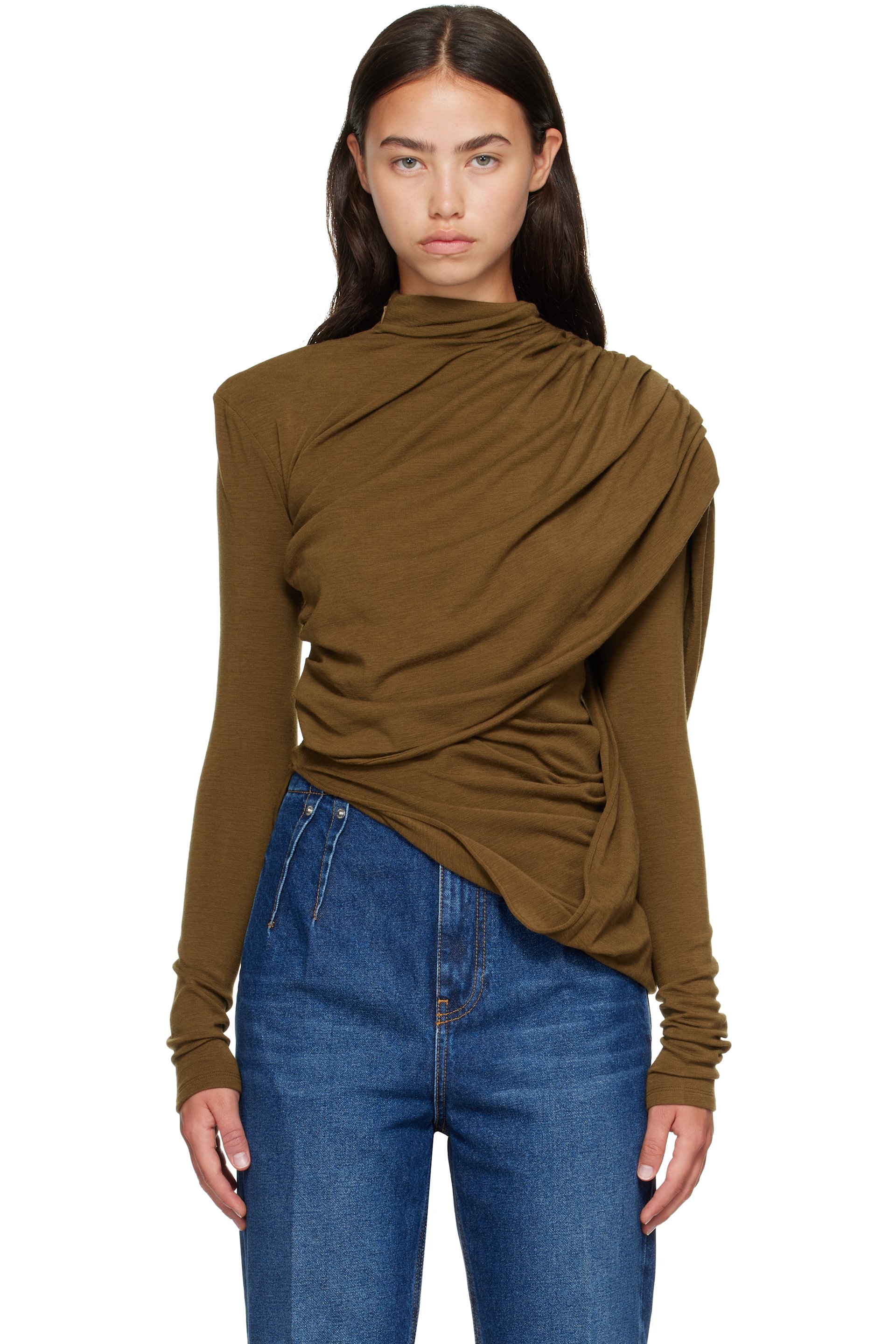 Mugler - Khaki Cascade Sleeves Top