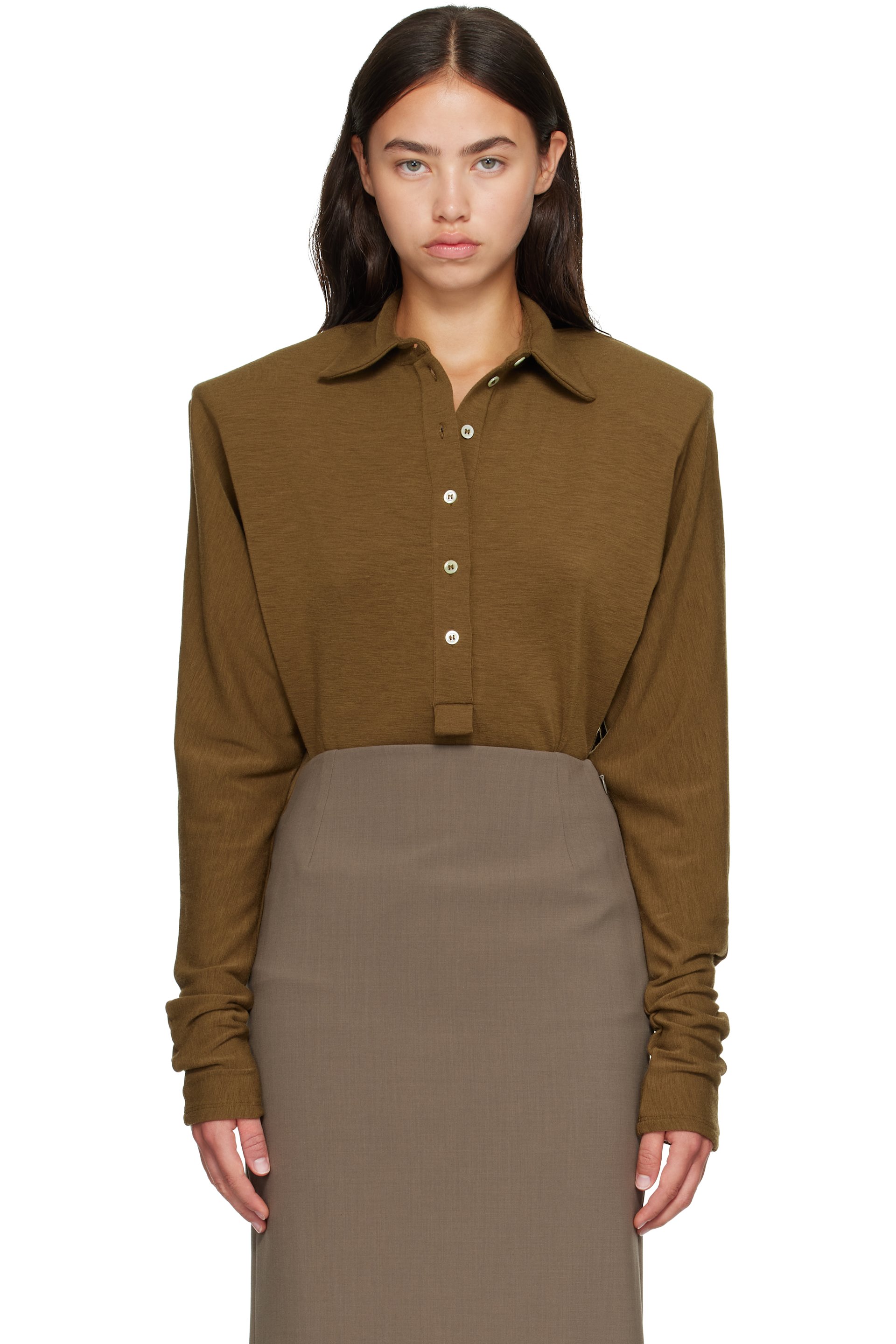 Mugler - Khaki Batsleeves Polo Bodysuit