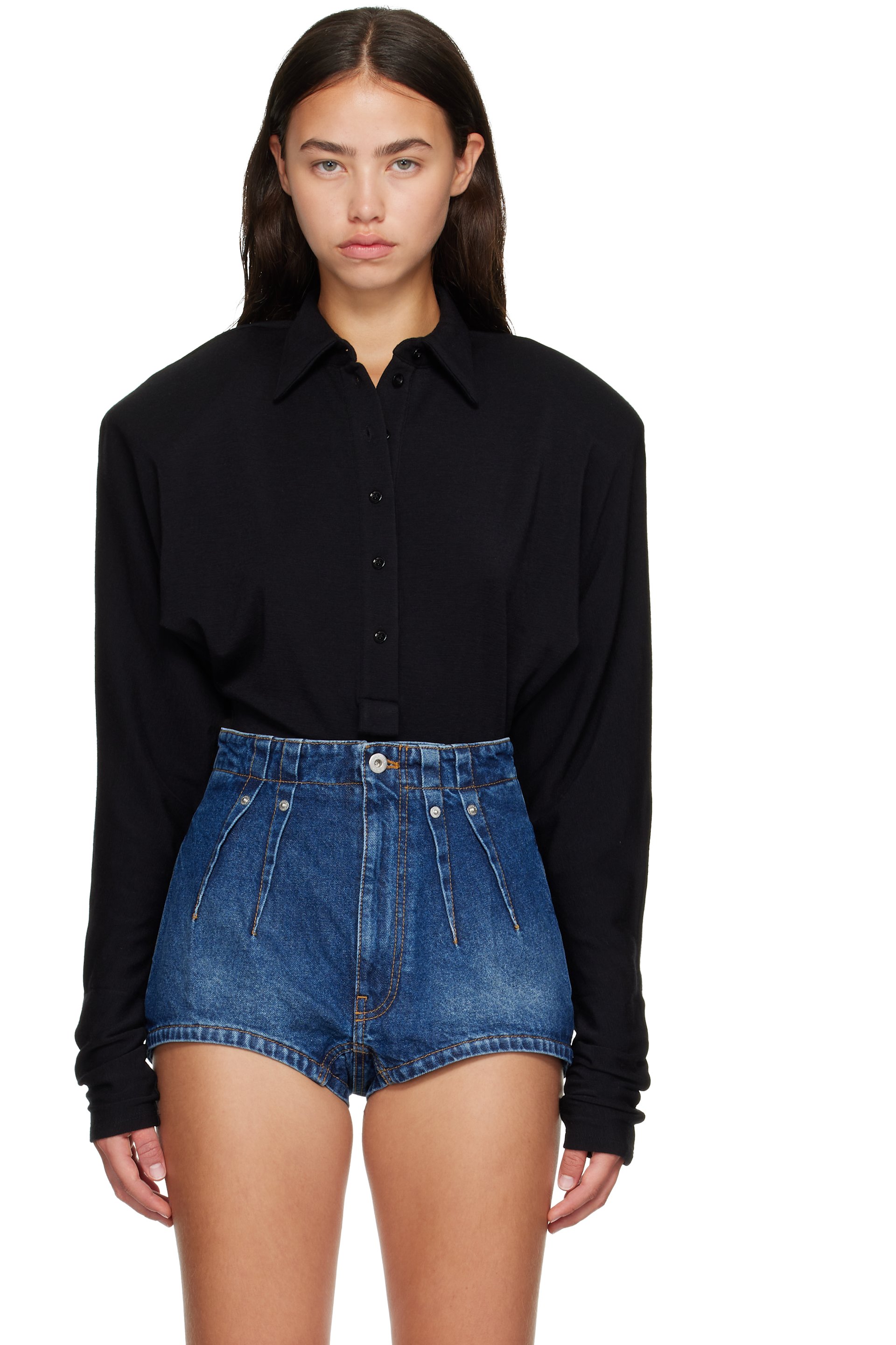 Mugler - Black Batsleeves Polo Bodysuit