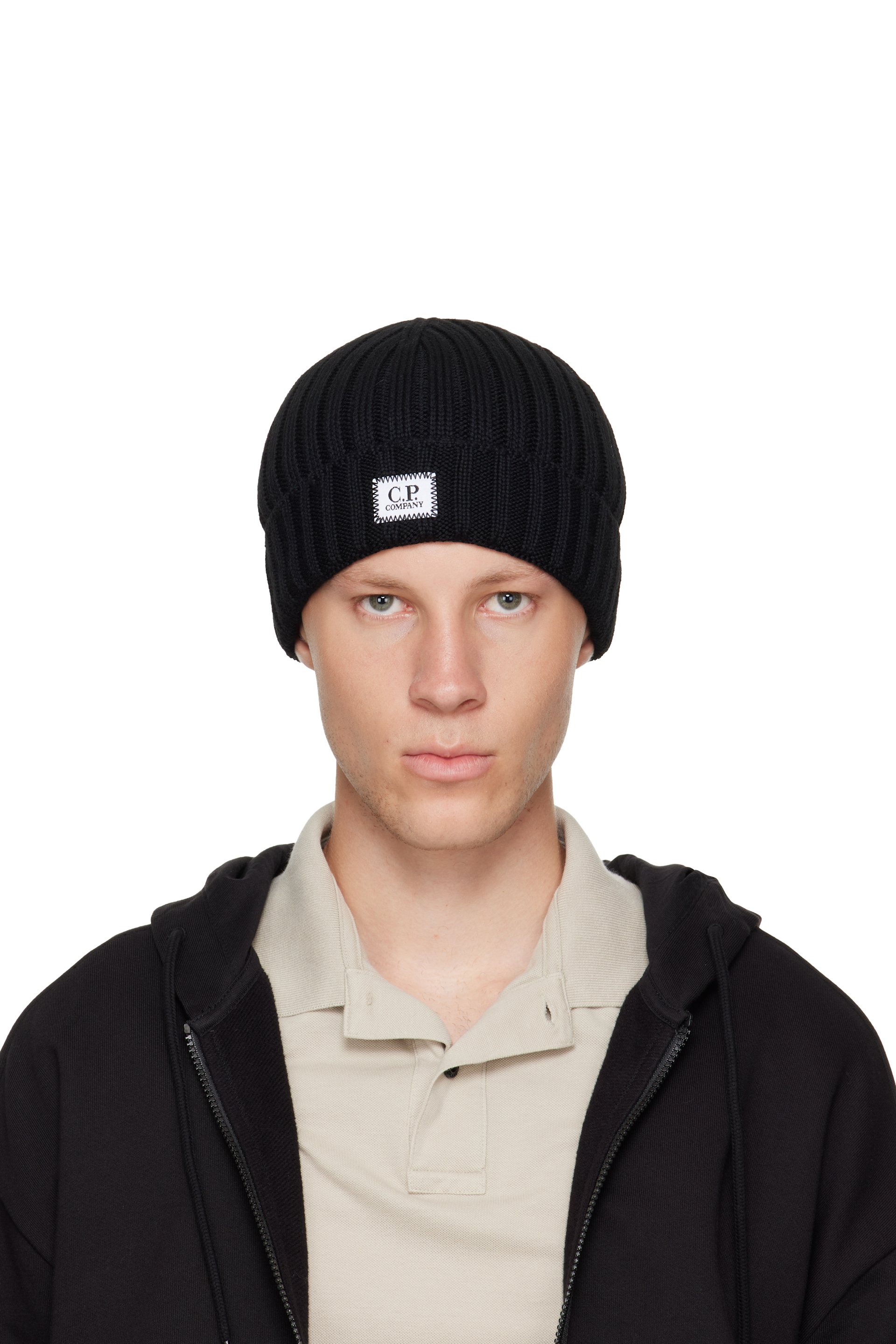 C.P. Company - Black Extrafine Merino Wool Logo Beanie