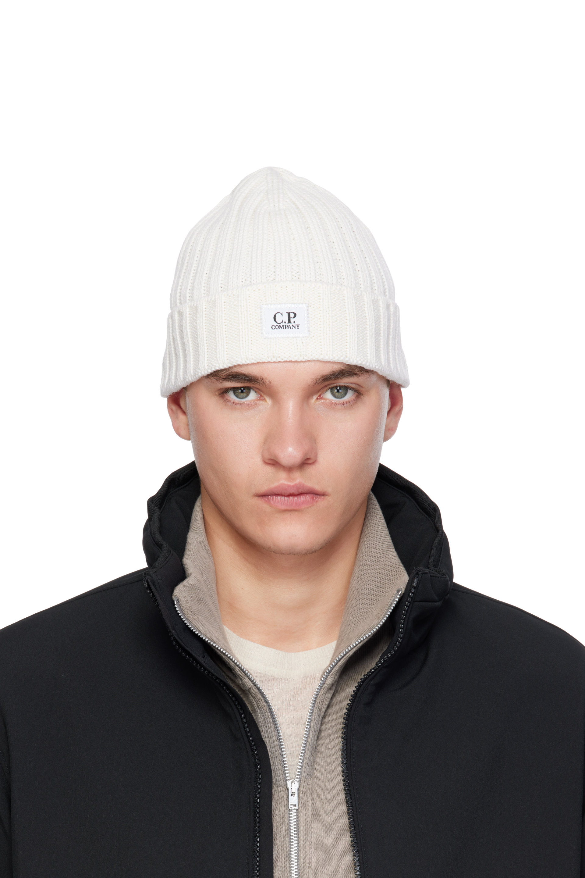 C.P. Company - Bonnet blanc en laine mérinos extrafine à logo