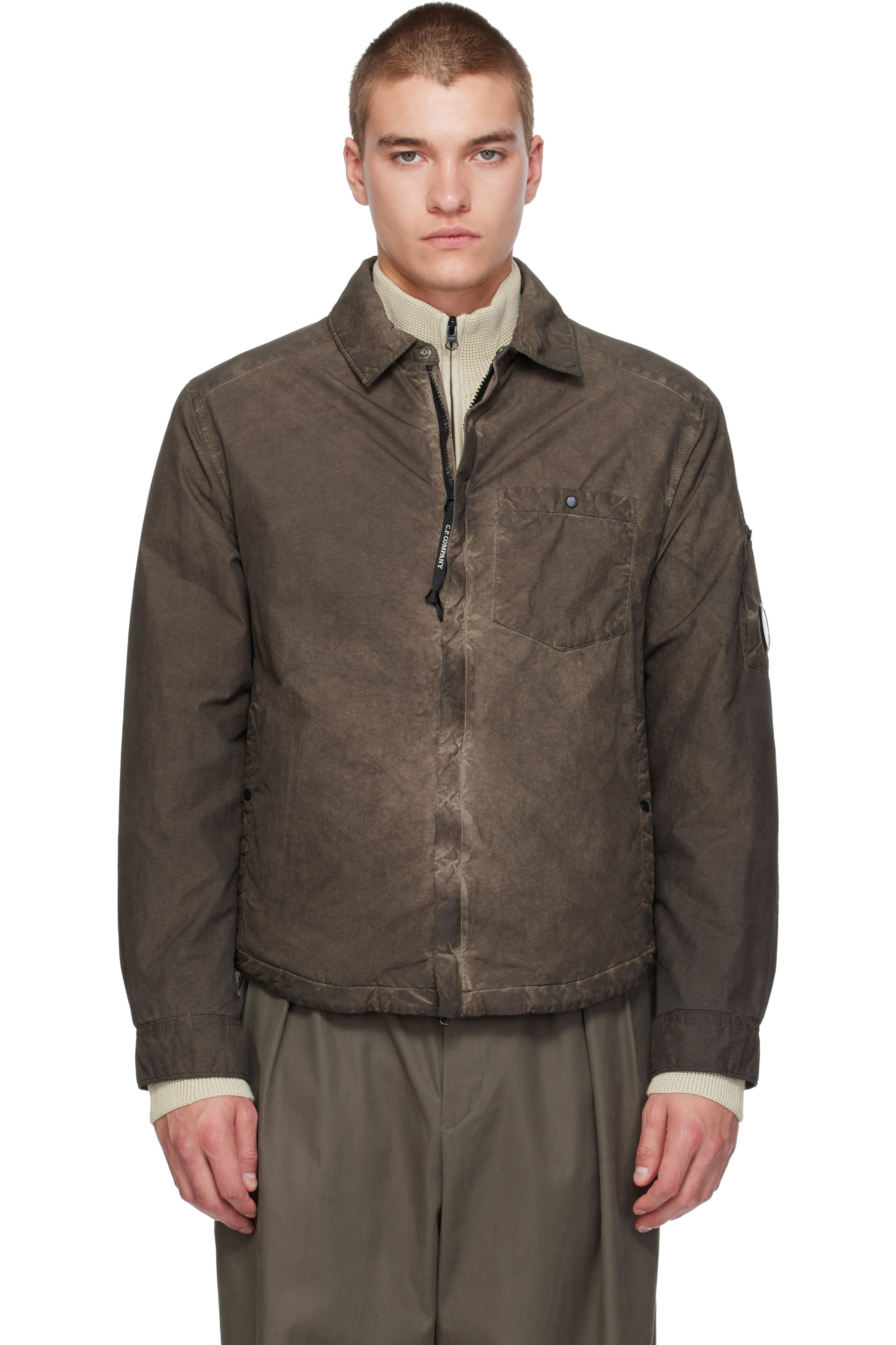 C.P. Company - Brown Flatt Nylon Lens Padded Zipped Overshirt