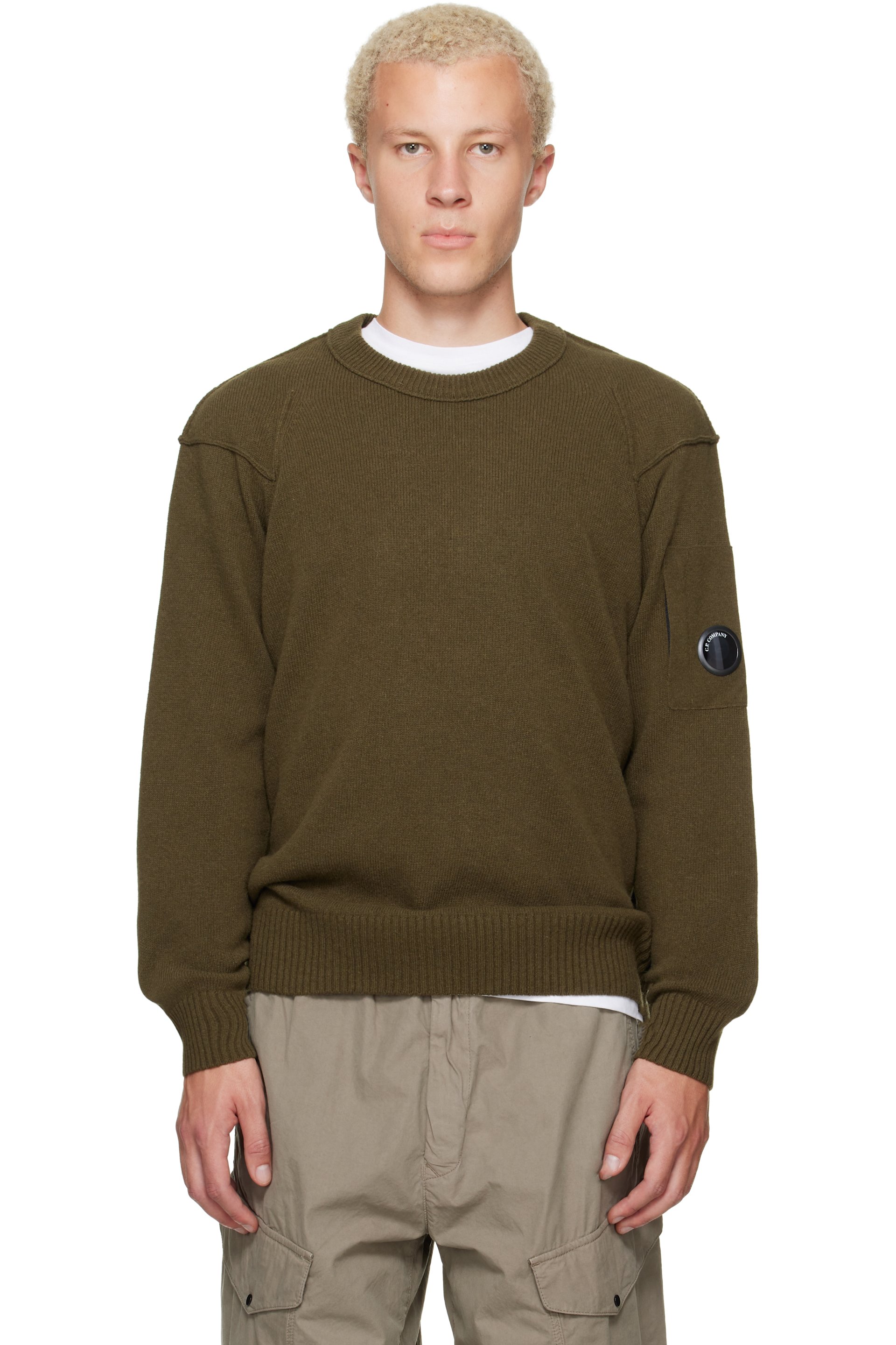 C.P. Company - Khaki Lambswool Lens Crewneck Contrast Sweater