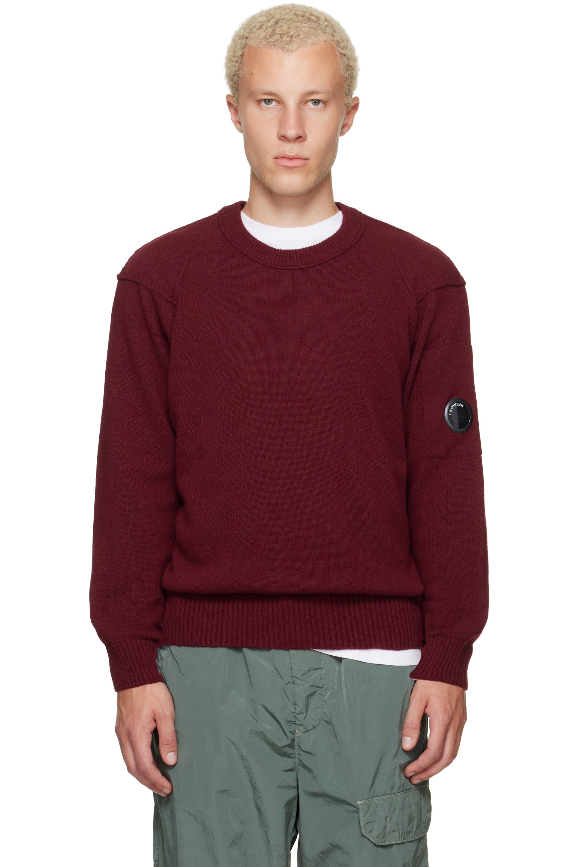 C.P. Company - Burgundy Lambswool Lens Crewneck Contrast Sweater