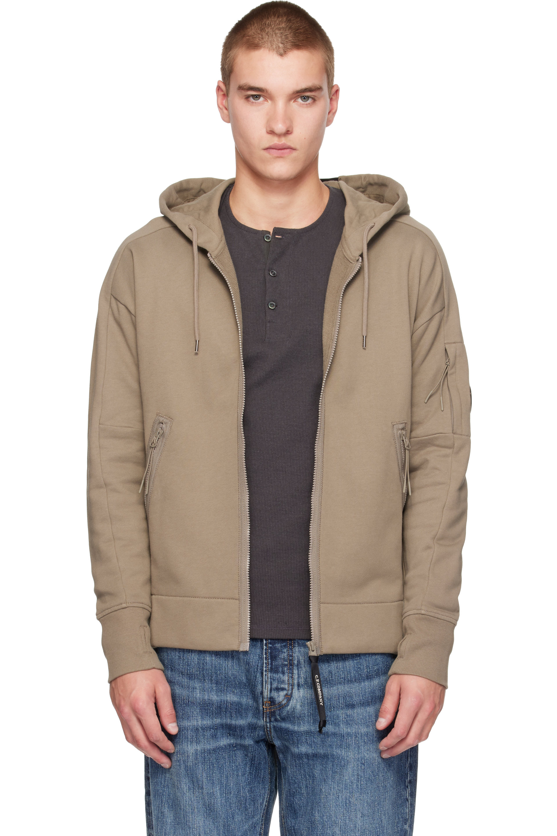 C.P. Company - Beige Diagonal Raised Fleece Zip Lens Hoodie