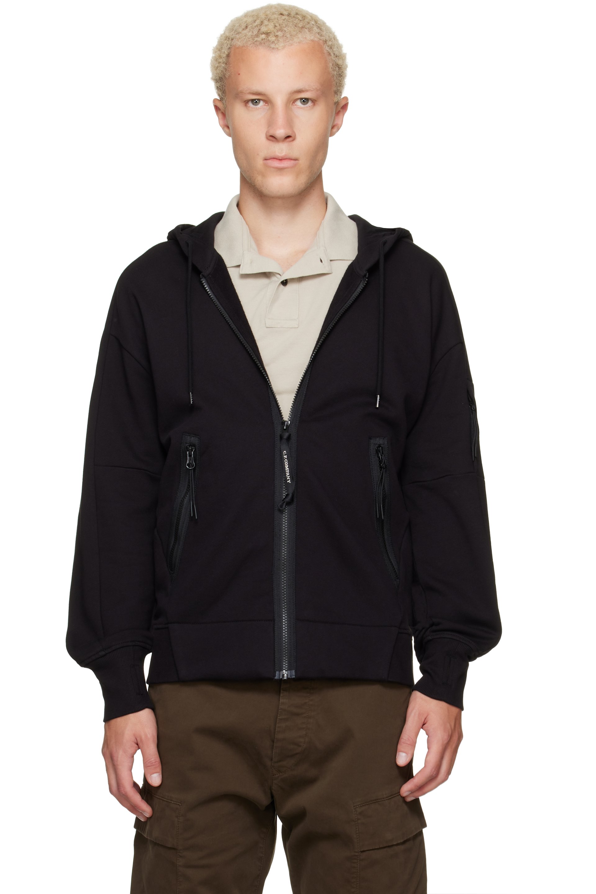 C.P. Company - Black Diagonal Raised Fleece Zip Lens Hoodie